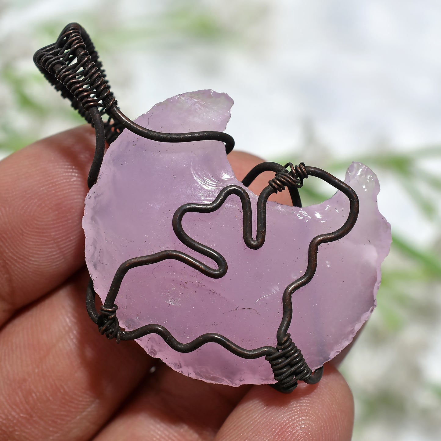 Mystical Rose Quartz Crystal Pendant –Wire Wrapped Crescent Moon Gemstone(26x50x5mm,/59ct)