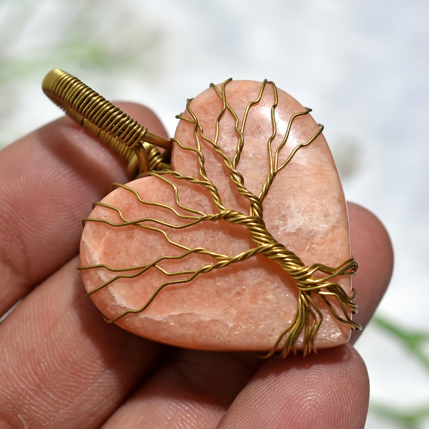 Artisan Golden Wire Wrapped Peach Moonstone Heart Pendant (32x47x6mm,/72ct)