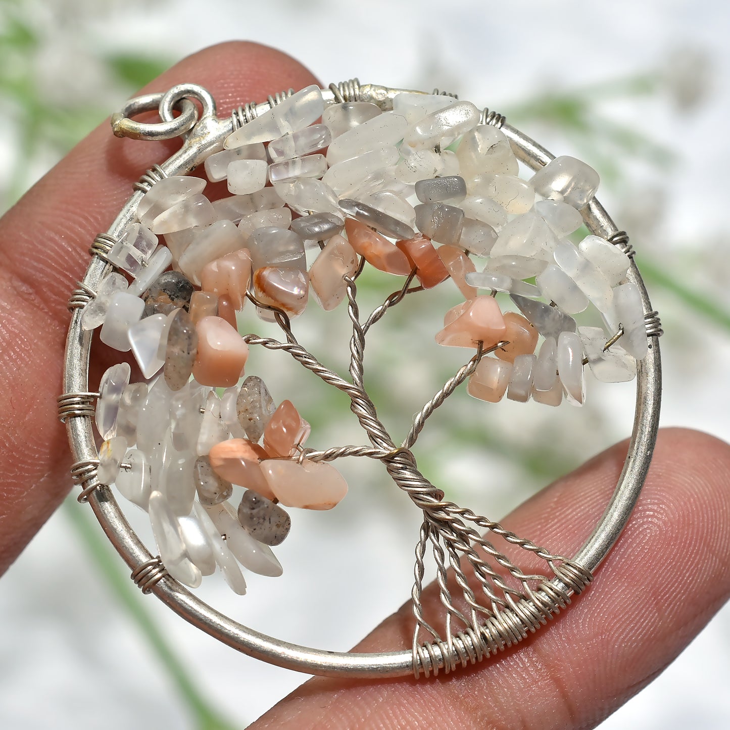 Awesome Peach Moonstone & White Crystal Tree of Life Pendant – Bohemian Silver Wire Wrapped Jewelry(42x50x4mm,/51ct)