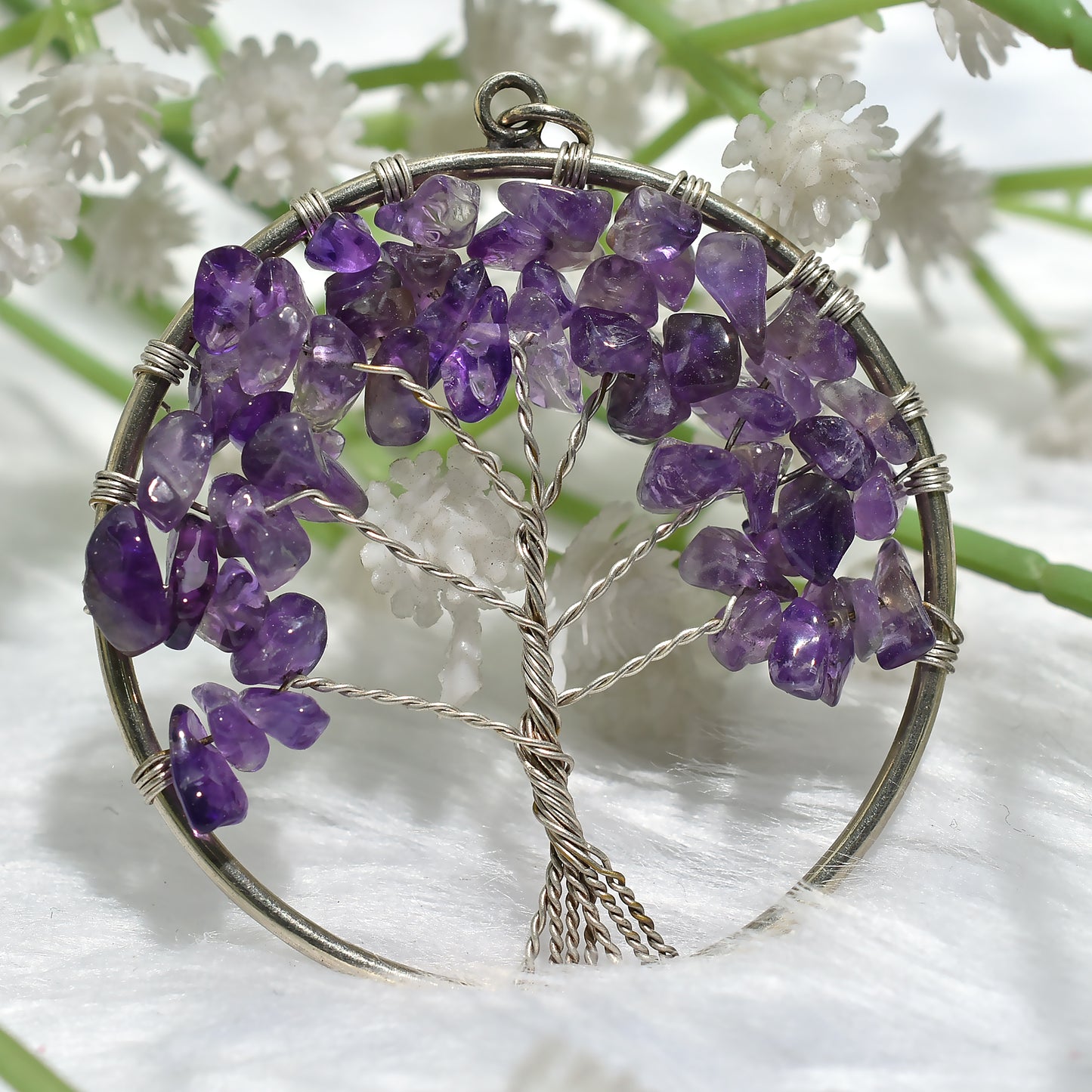 Gorgeous Amethyst Pendant - Silver Wire Wrapped Tree of Life Designer Gemstone Jewelry (41x49x5mm,/40ct)