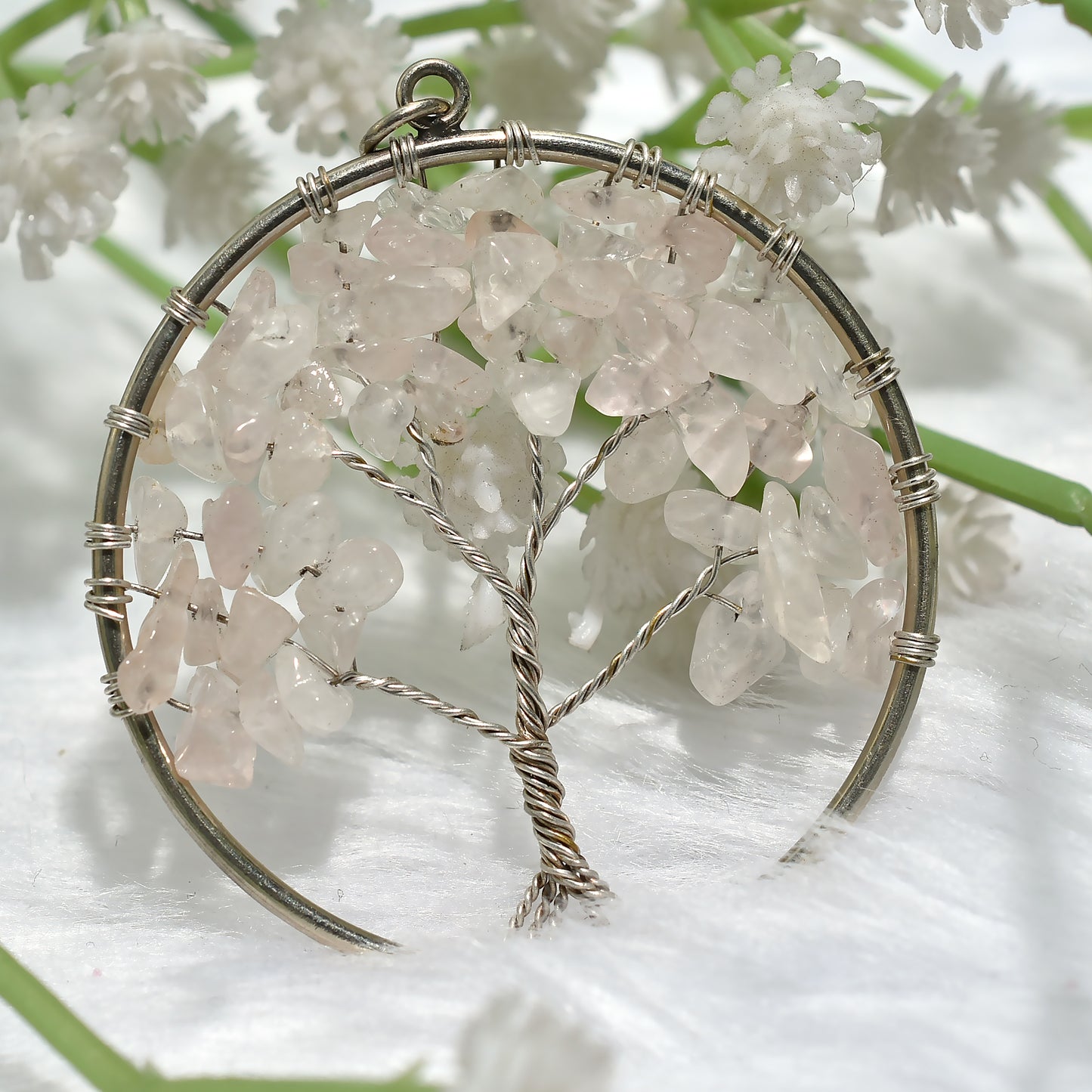 Handcrafted Rose Quartz Tree of Life Pendant – Metaphysical Gemstone Jewelry (40x49x5mm,/41ct)