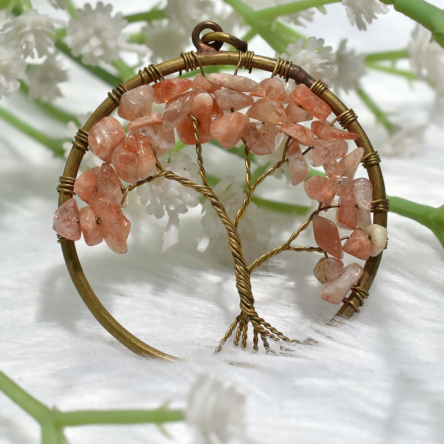 Tree of Life Pendant with Sunstone Chips – Spiritual Fashion Jewelry(43x50x5mm,/42ct)