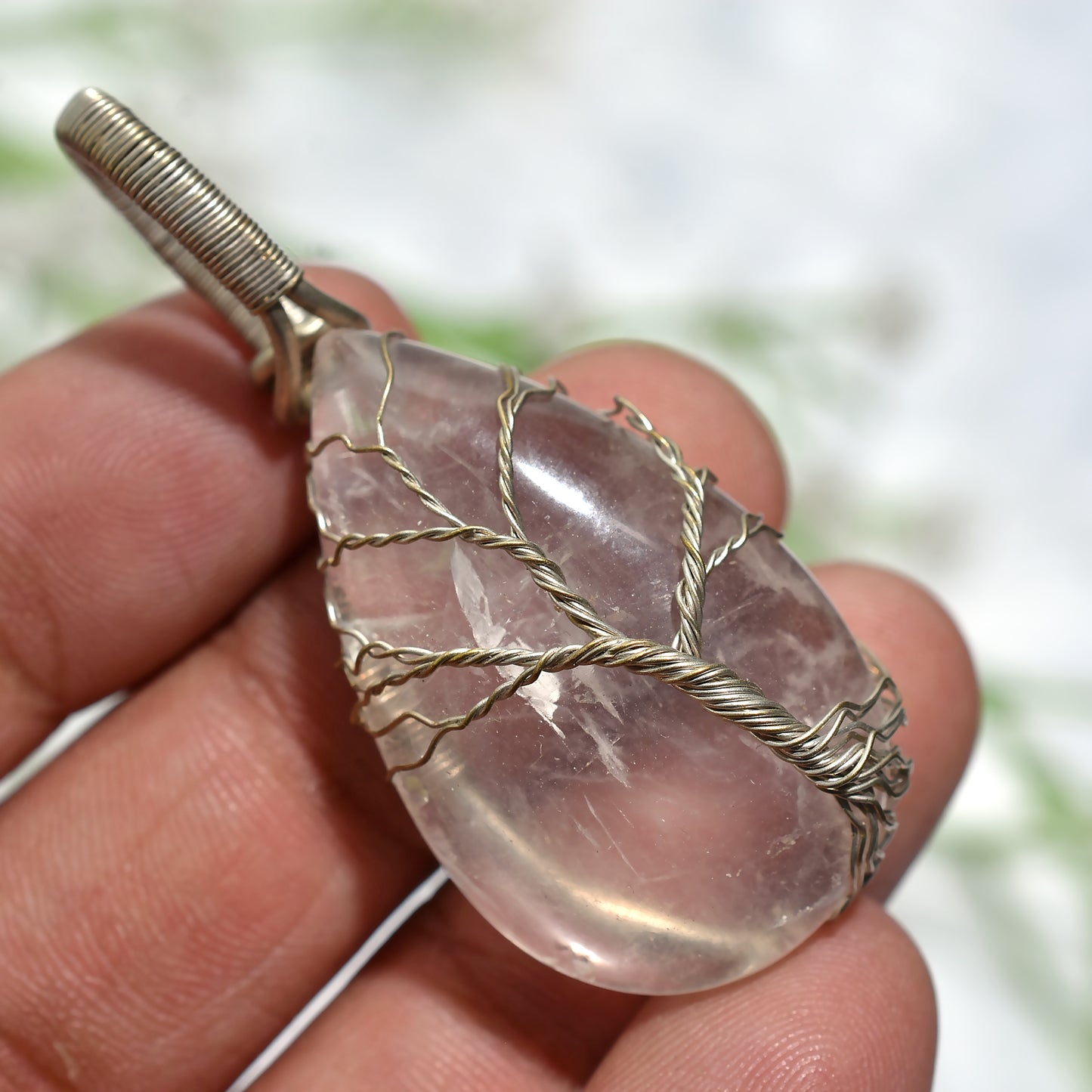 Unique Rose Quartz Wire Wrapped Tree Pendant – Handmade Stone Jewellery for Women (21x50x7mm,/59ct)