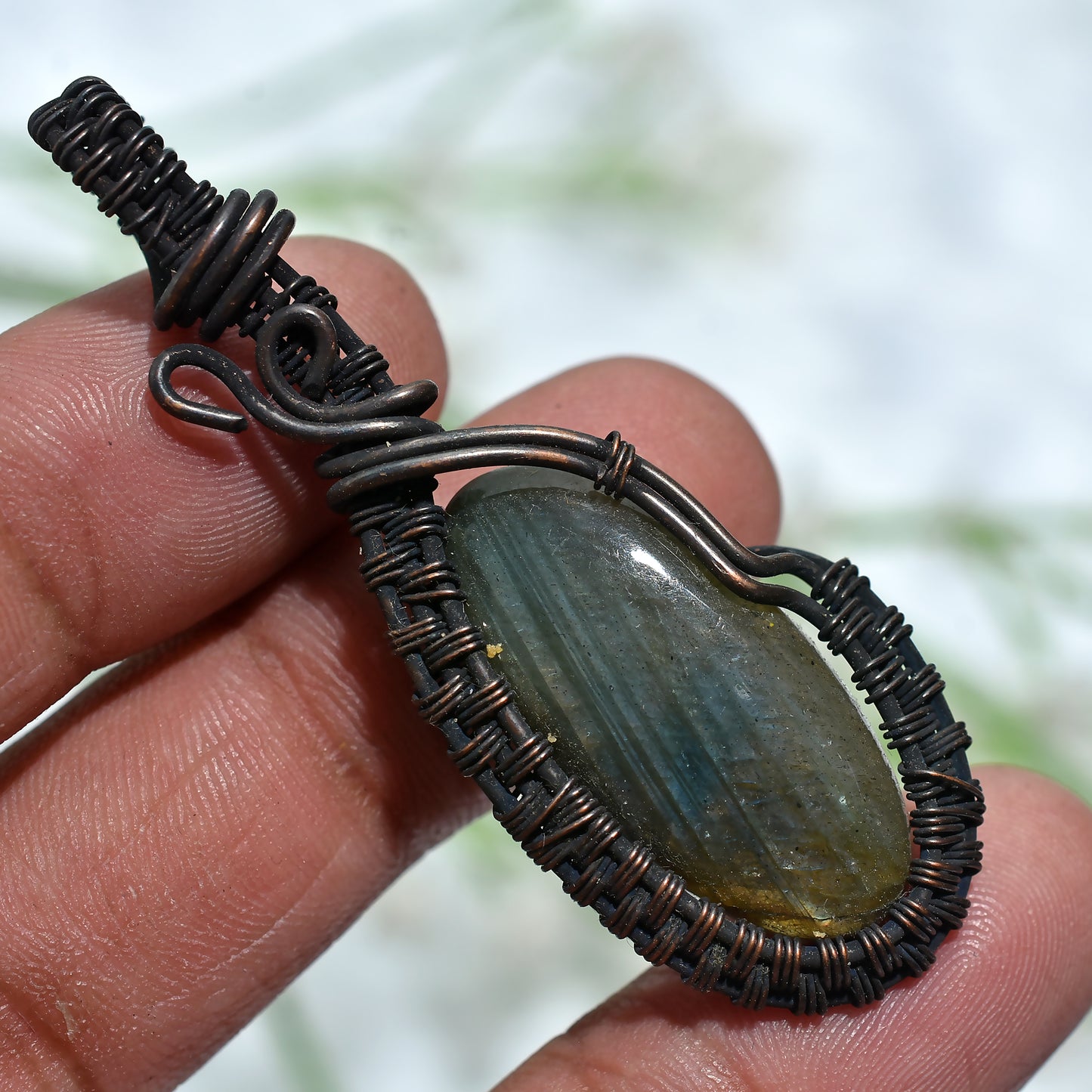 Flashing Blue Labradorite Gemstone Pendant – Artisan Wire Wrapped Jewelry( 20x57x5mm,/46ct)