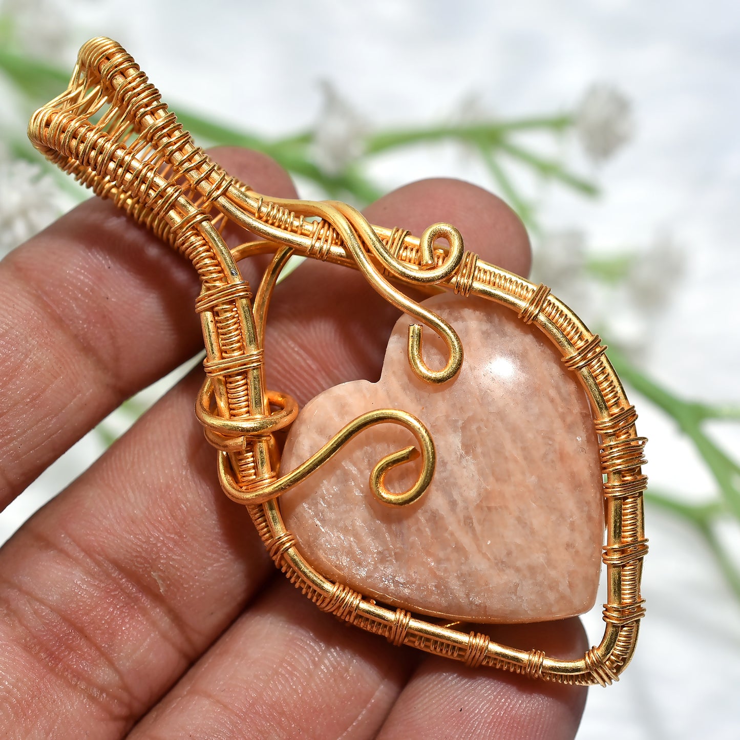 Rustic Golden Wire Wrapped Peach Moonstone Necklace – Unique Artisan Jewelry(32x68x7mm,/96ct)