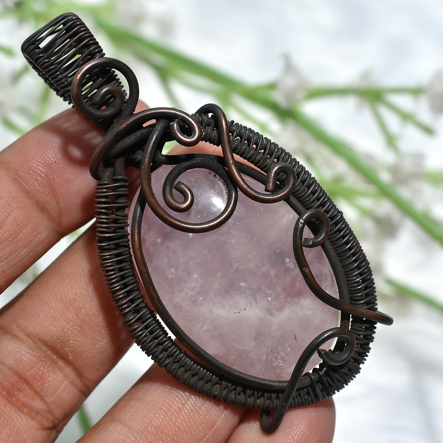 Vintage Bronze Wire Wrapped Rose Quartz Stone Pendant – Bohemian Crystal Jewelry(35x70x5mm,/144ct)