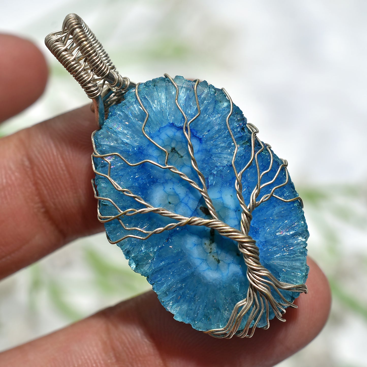 Sparkling Blue Solar Quartz Pendant – Wire Wrapped Healing Gemstone Necklace(22x45x6mm,/52ct)