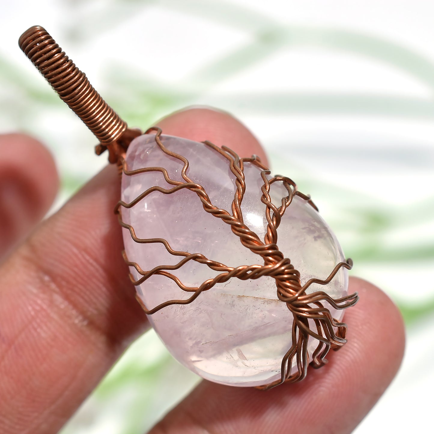 Attractive Bronze Wire Wrapped Rose Quartz Stone Pendant – Pink Crystal Jewelry(21x47x10mm,/62ct)