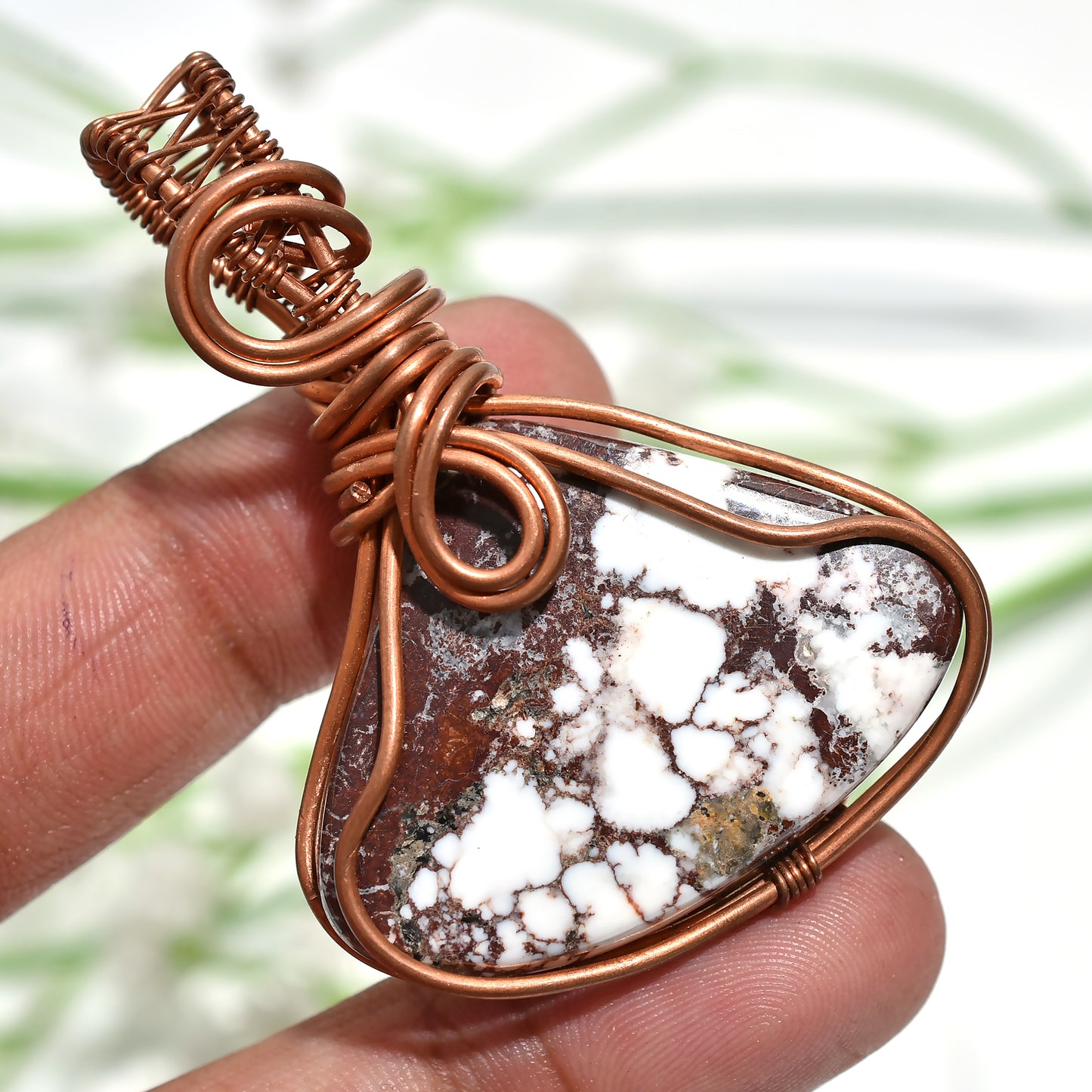 Handmade Wild Horse Jasper Pendant – Copper Wire Wrapped Gemstone Jewelry (40x55x5mm,/97ct)