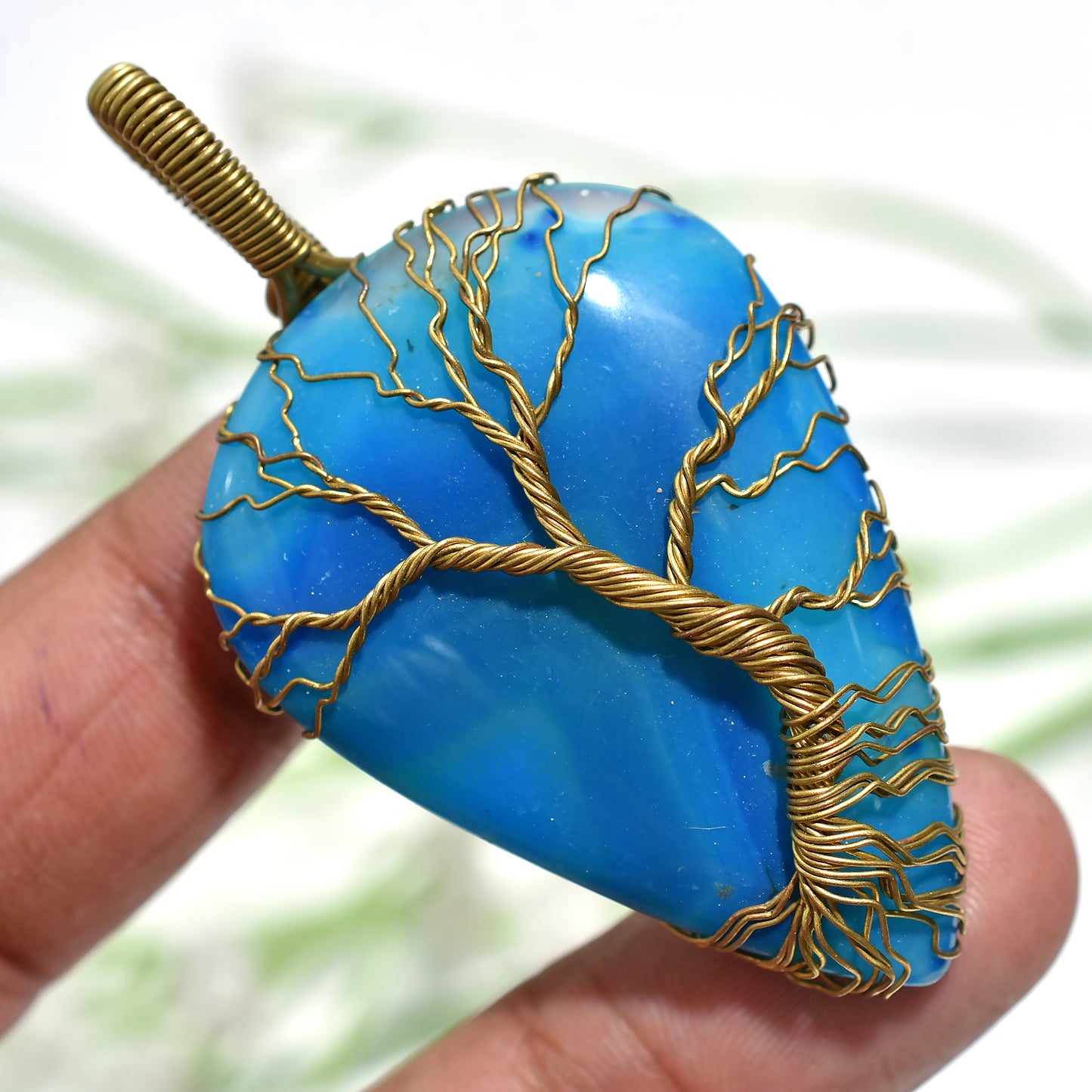 Amazing Blue Botswana Agate Pendant – Golden Wire Wrap Gemstone Necklace (30x60x5mm,/87ct)