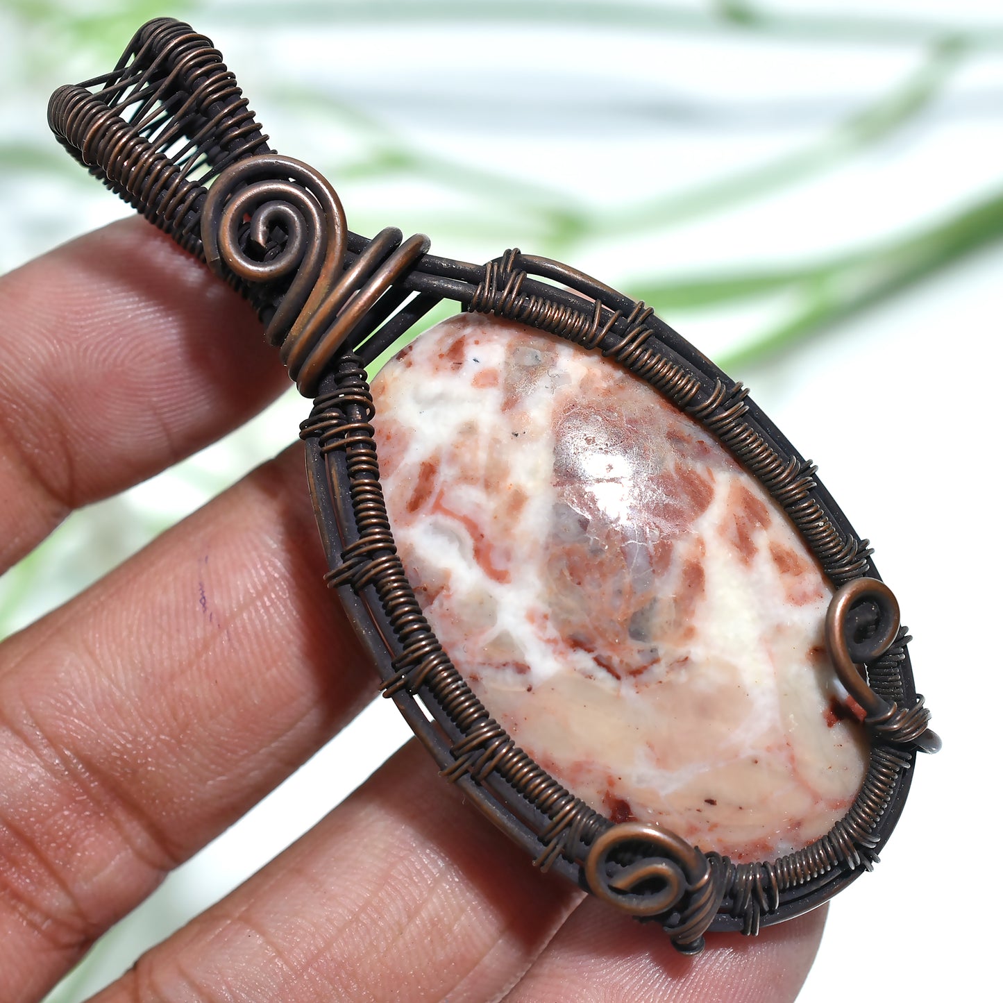 Trendy Rosetta Jasper Pendant – Oxidise Copper Wire Wrapped Stone Jewelry (30x68x7mm,/128ct)