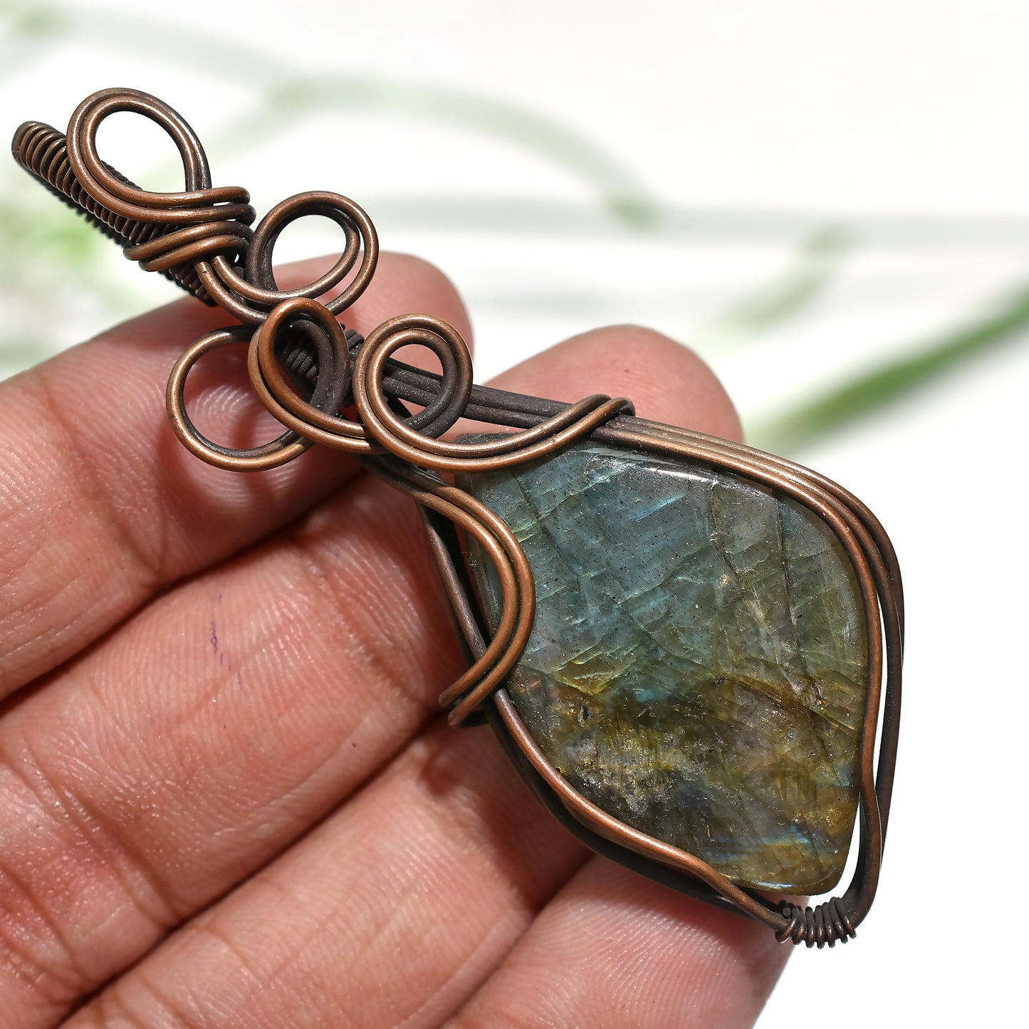 Golden Flash Labradorite Gemstone Necklace – Tree of Life Wire Wrapped Pendant(24x65x6mm,/73ct)