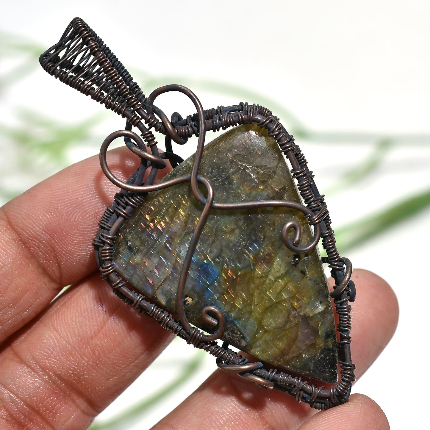 Golden Flash Labradorite Necklace – Tree of Life Wire Wrapped Stone Pendant ( 35x70x7mm,/108ct)