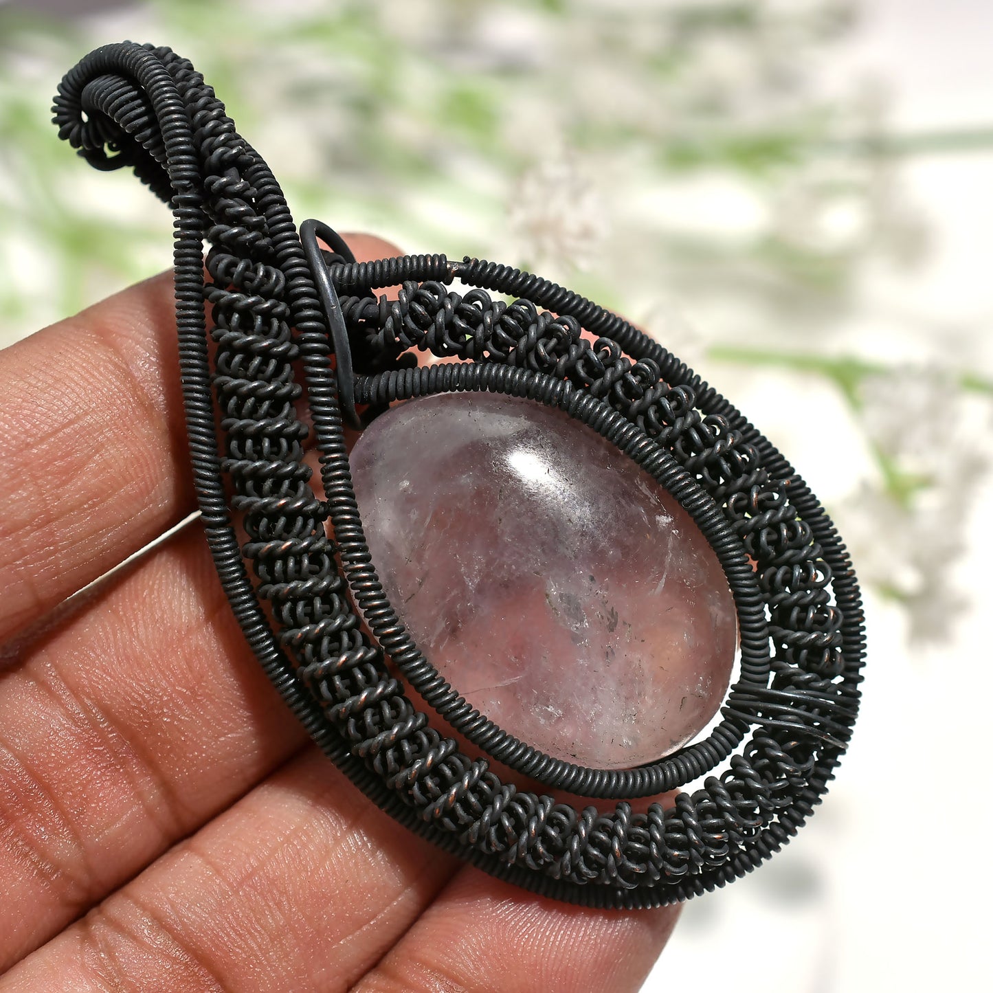 Vintage Bronze Wire Wrapped Rose Quartz Stone Pendant – Smooth Pink Crystal Jewelry(35x72x6mm,/135ct)