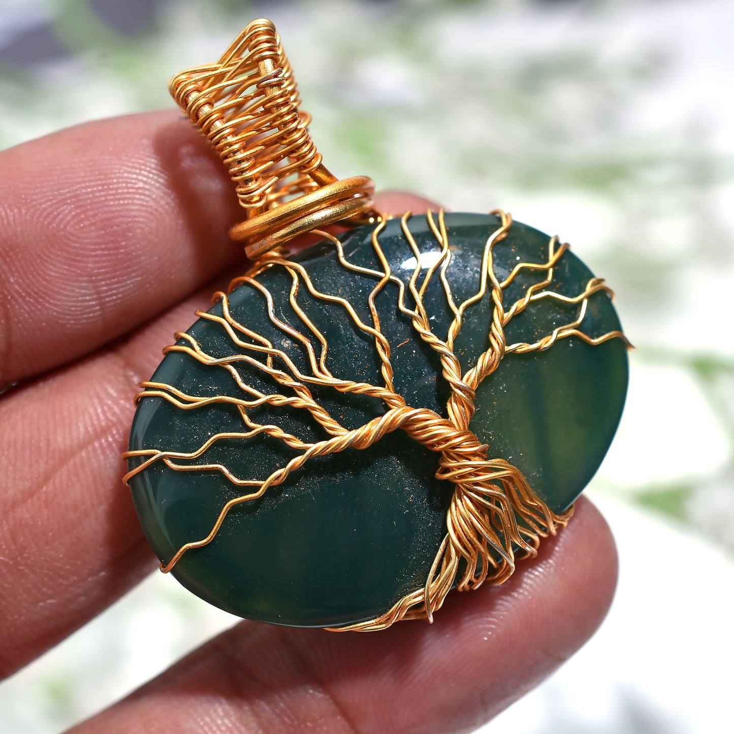 Bottle Green Oval Bloodstone Pendant– Golden Wire Wrapped Gift Jewellery (36x40x5mm,/62ct)