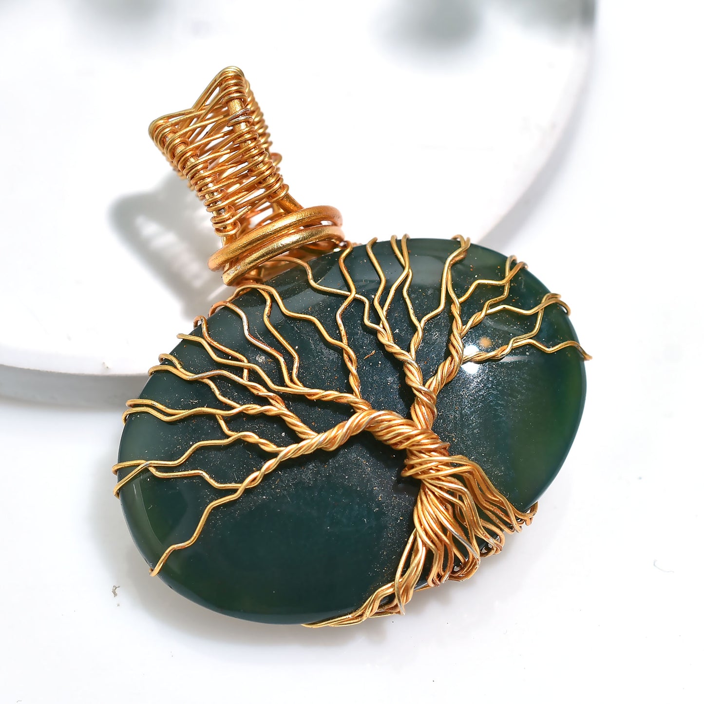Bottle Green Oval Bloodstone Pendant– Golden Wire Wrapped Gift Jewellery (36x40x5mm,/62ct)