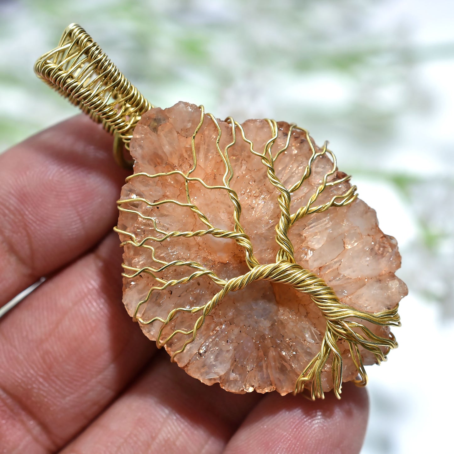 Bold Sparkling Solar Quartz Pendant – Golden Wire Wrapped Statement Gemstone Jewelry(30x55x6mm,/76ct)