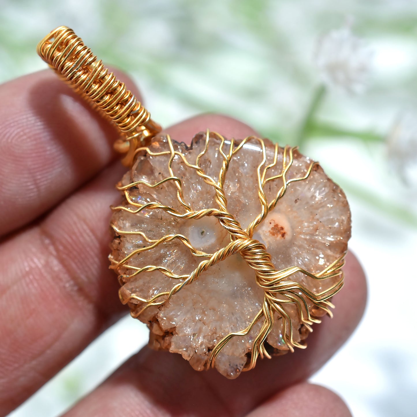 Natural Solar Quartz Pendant – Golden Wire Wrapped Statement Gemstone Jewelry(21x45x5mm,/49ct)