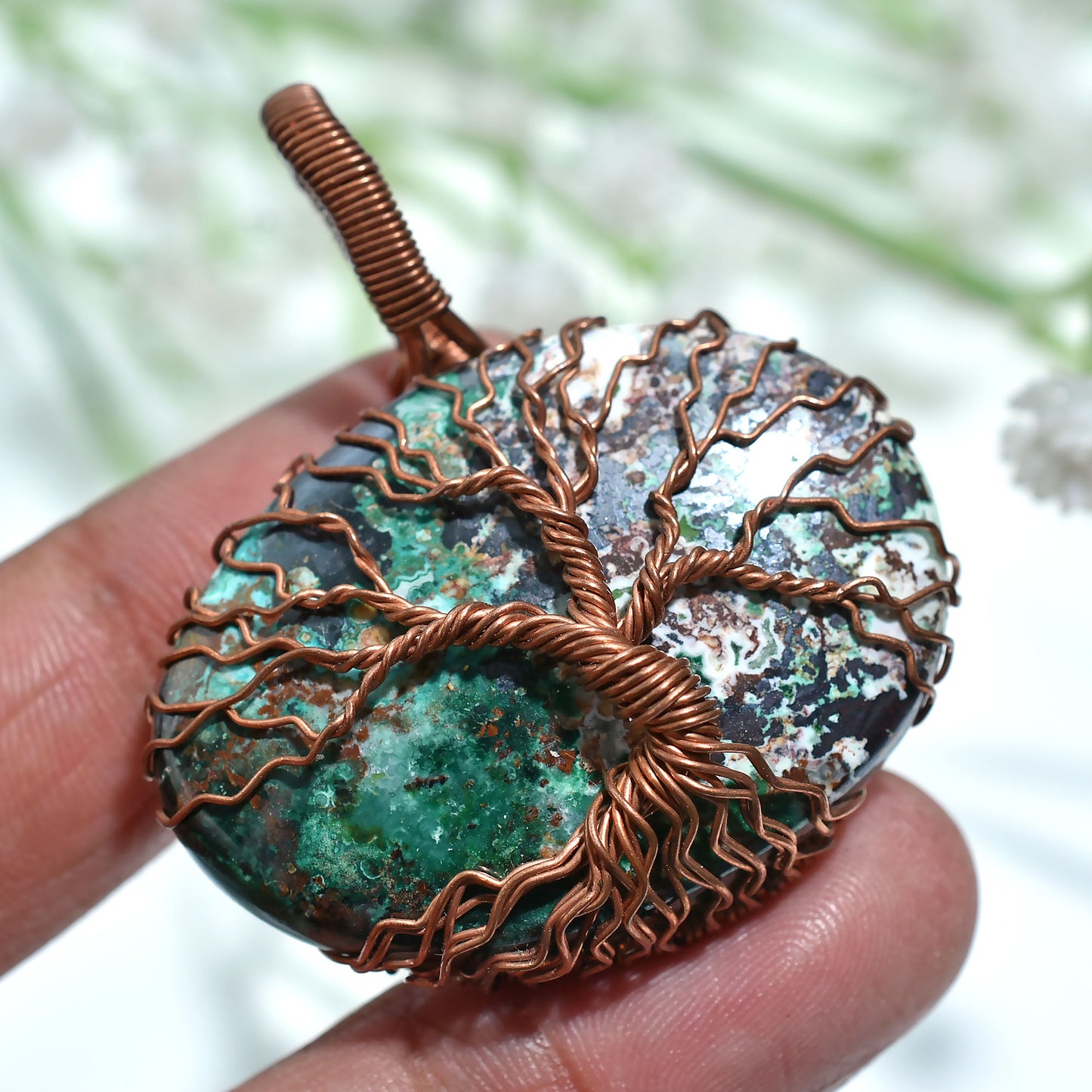Stunning Chrysocolla Copper Wire Wrapped Pendant - Handemade Stone Necklace Jwellery(40x47x6mm,/110ct)