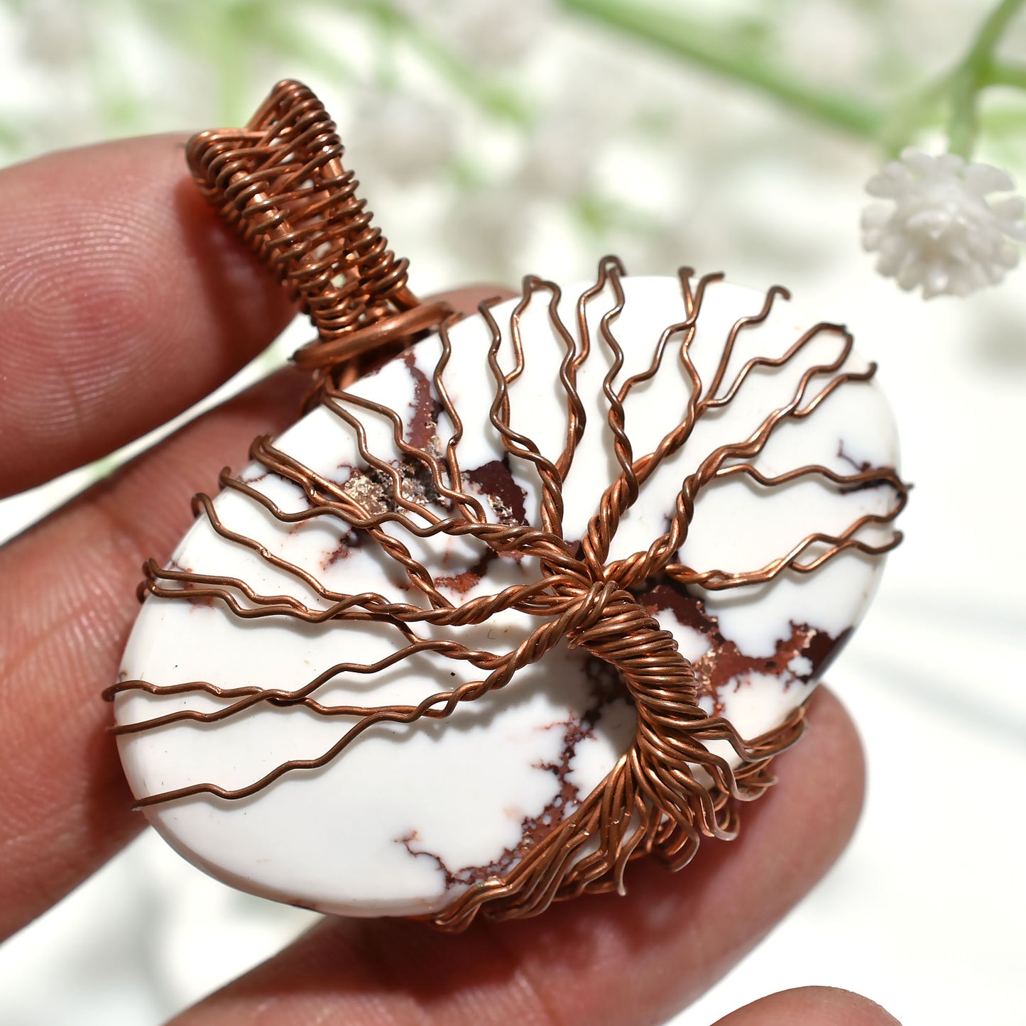 Unique Wild Horse Jasper Pendant – Copper Wire Wrapped Gemstone Jewelry (43x45x6mm,/106ct)