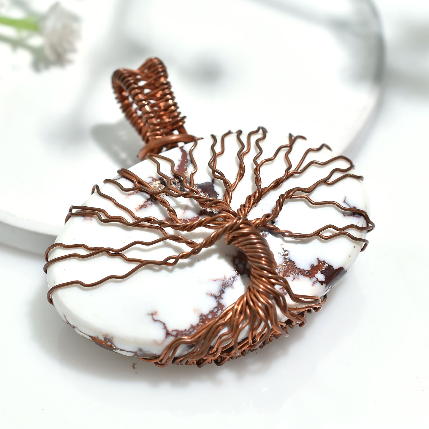 Unique Wild Horse Jasper Pendant – Copper Wire Wrapped Gemstone Jewelry (43x45x6mm,/106ct)