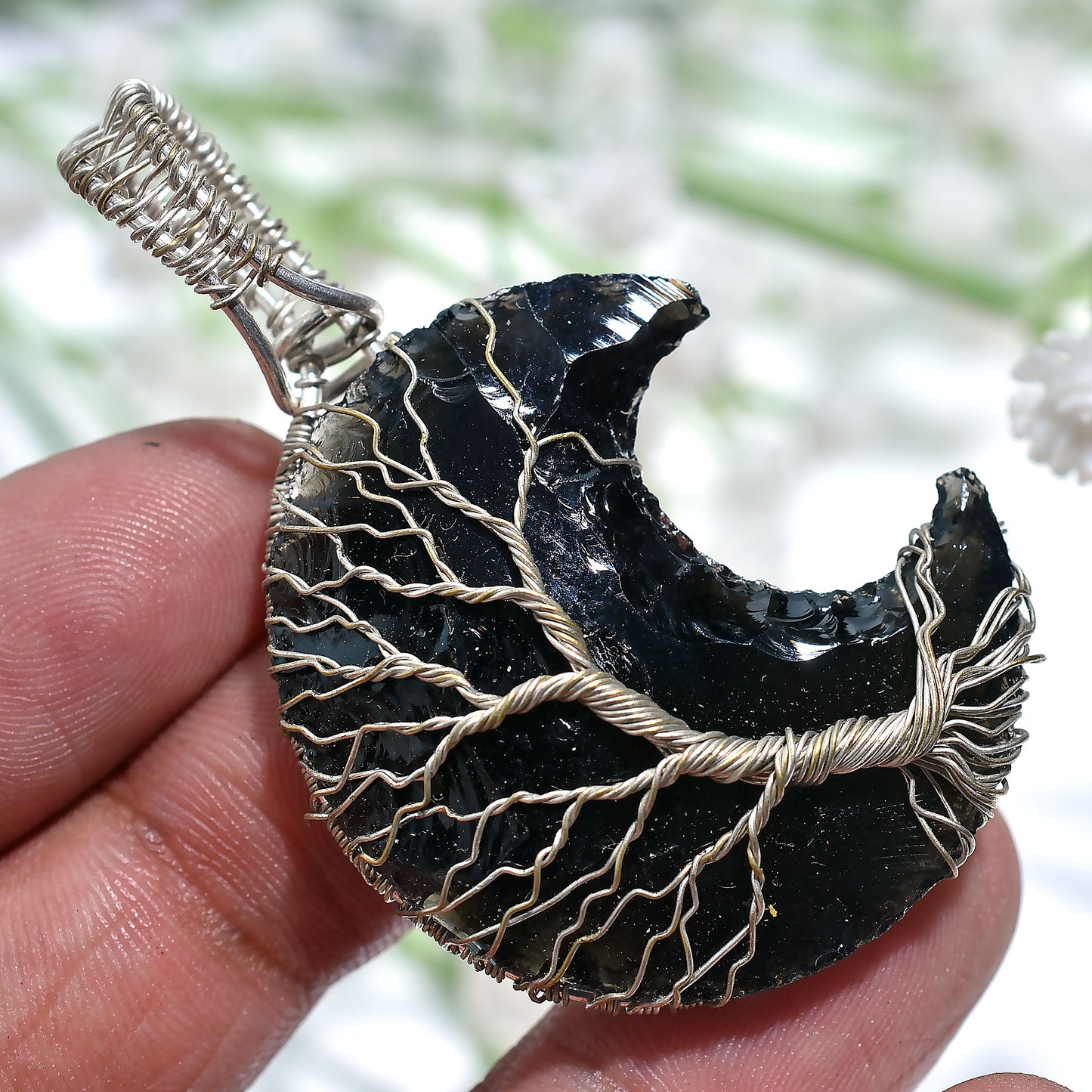 Trendy Black OpaliteTree of Life Pendant – Silver Wire Wrapped Gemstone(30x55x5mm,/55ct)