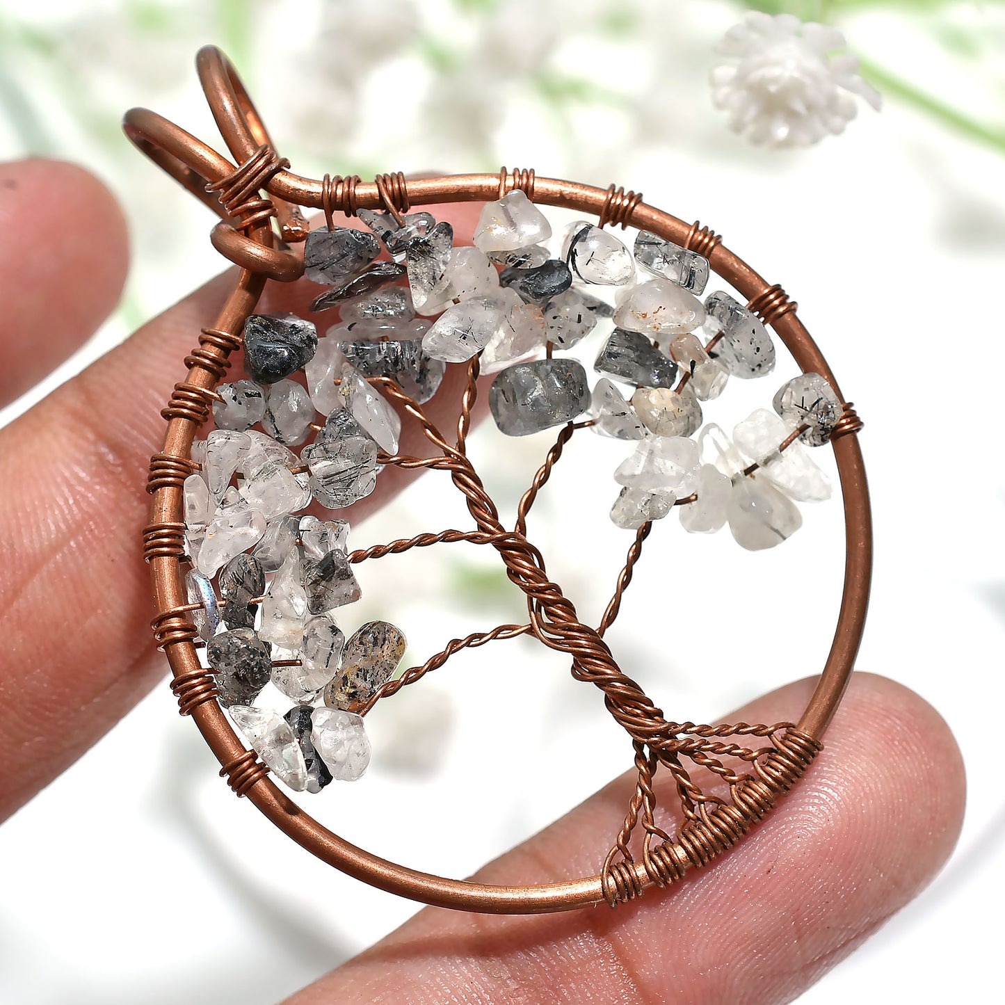 Boho Black Rutile Quartz Pendant – Handmade Copper Wire Wrapped Stone(40x53x5mm,/43ct)