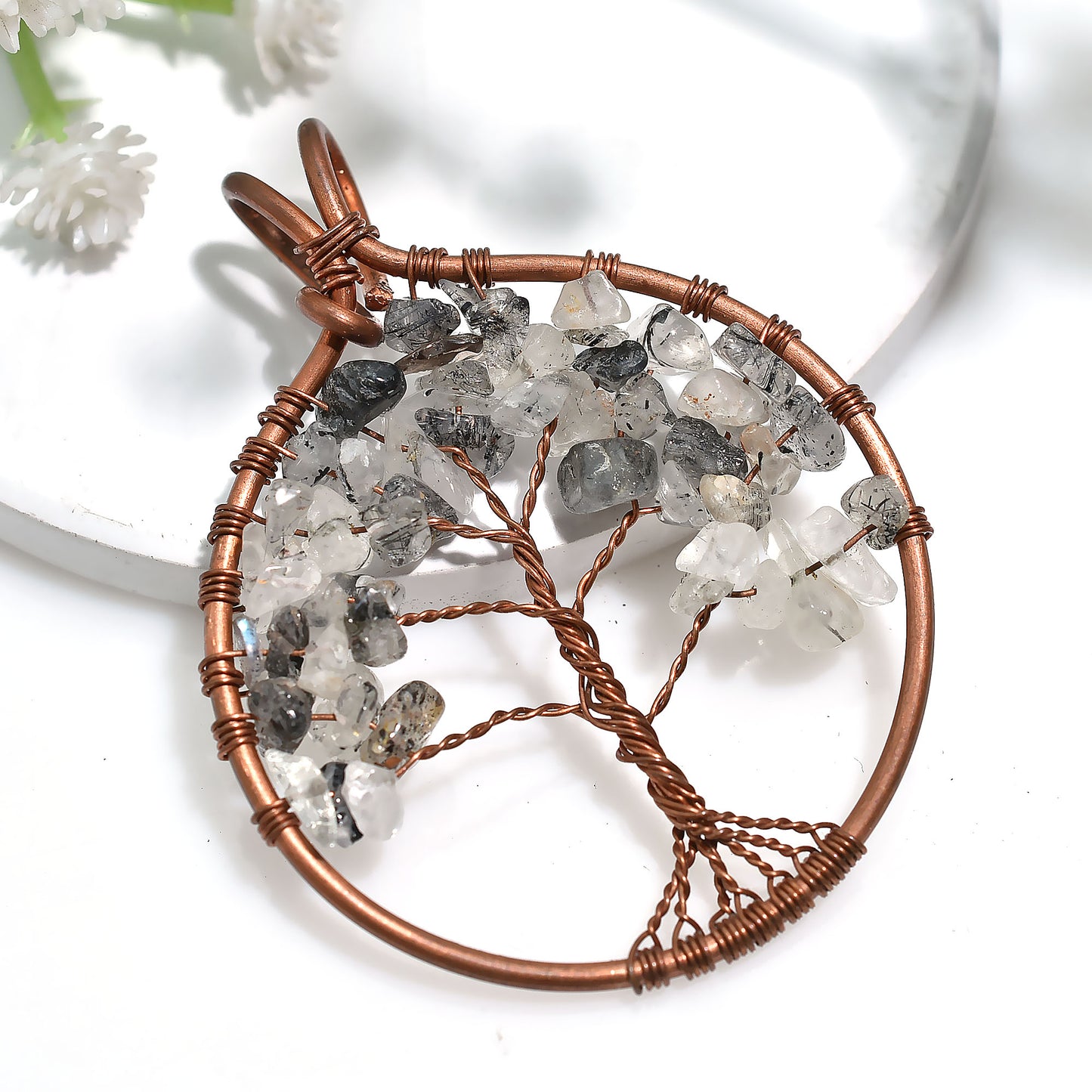 Boho Black Rutile Quartz Pendant – Handmade Copper Wire Wrapped Stone(40x53x5mm,/43ct)