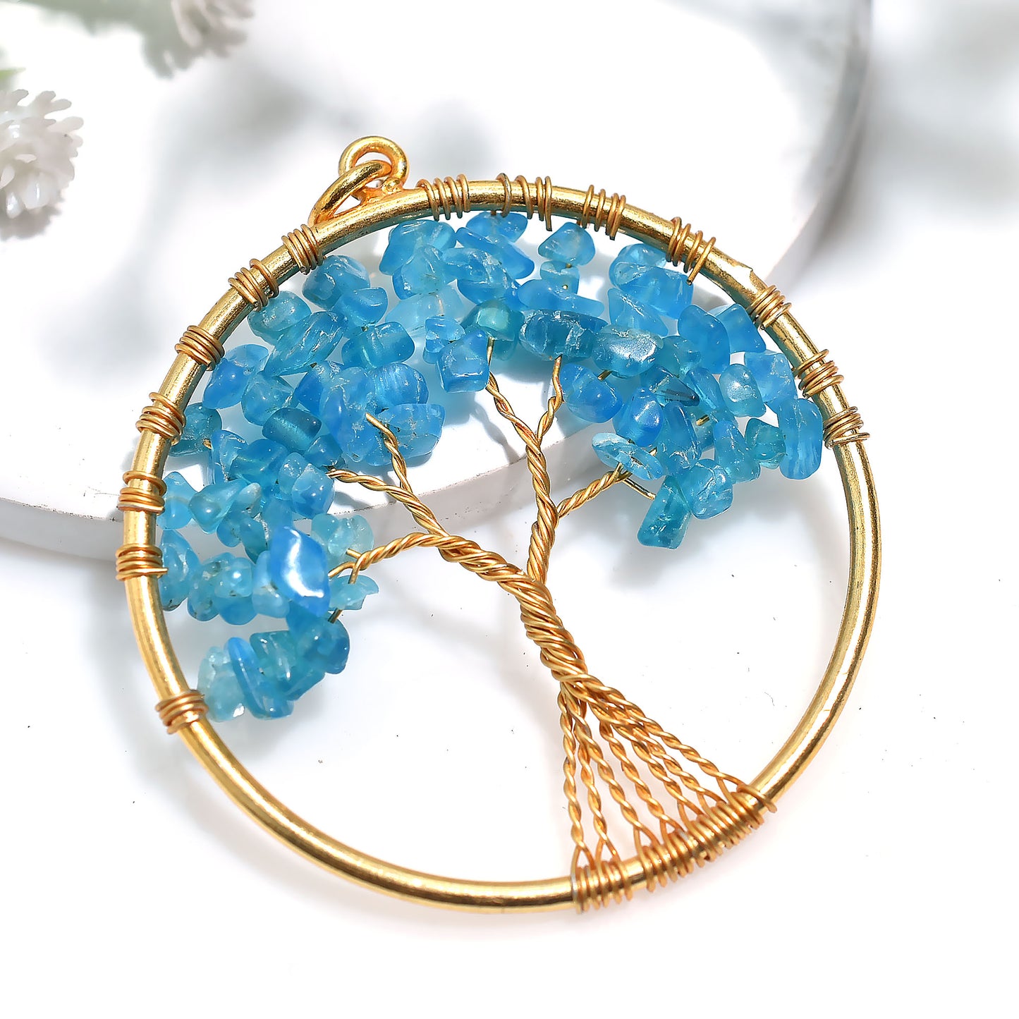 Stunning Blue Apatite Golden Wire Wrapped Pendant – Handmade Gemstone Necklace (42x50x5mm,/40ct)