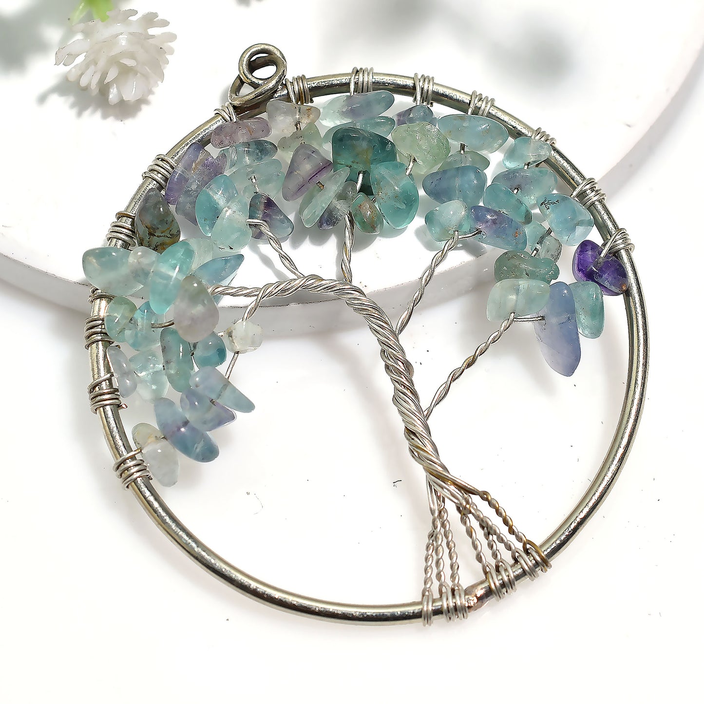 Celestial Fluorite Pendant – Handmade Wire Wrapped Stone Jewelry Gift (41x48x5mm,/37ct)