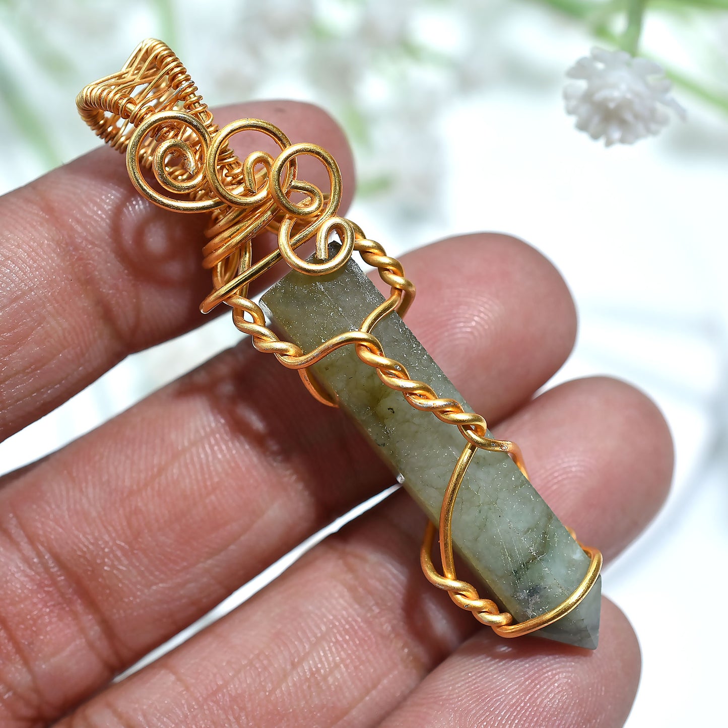 Handmade Labradorite Pencil Pendant – Golden Wire Wrapped Crystal Stone Necklace 38ct