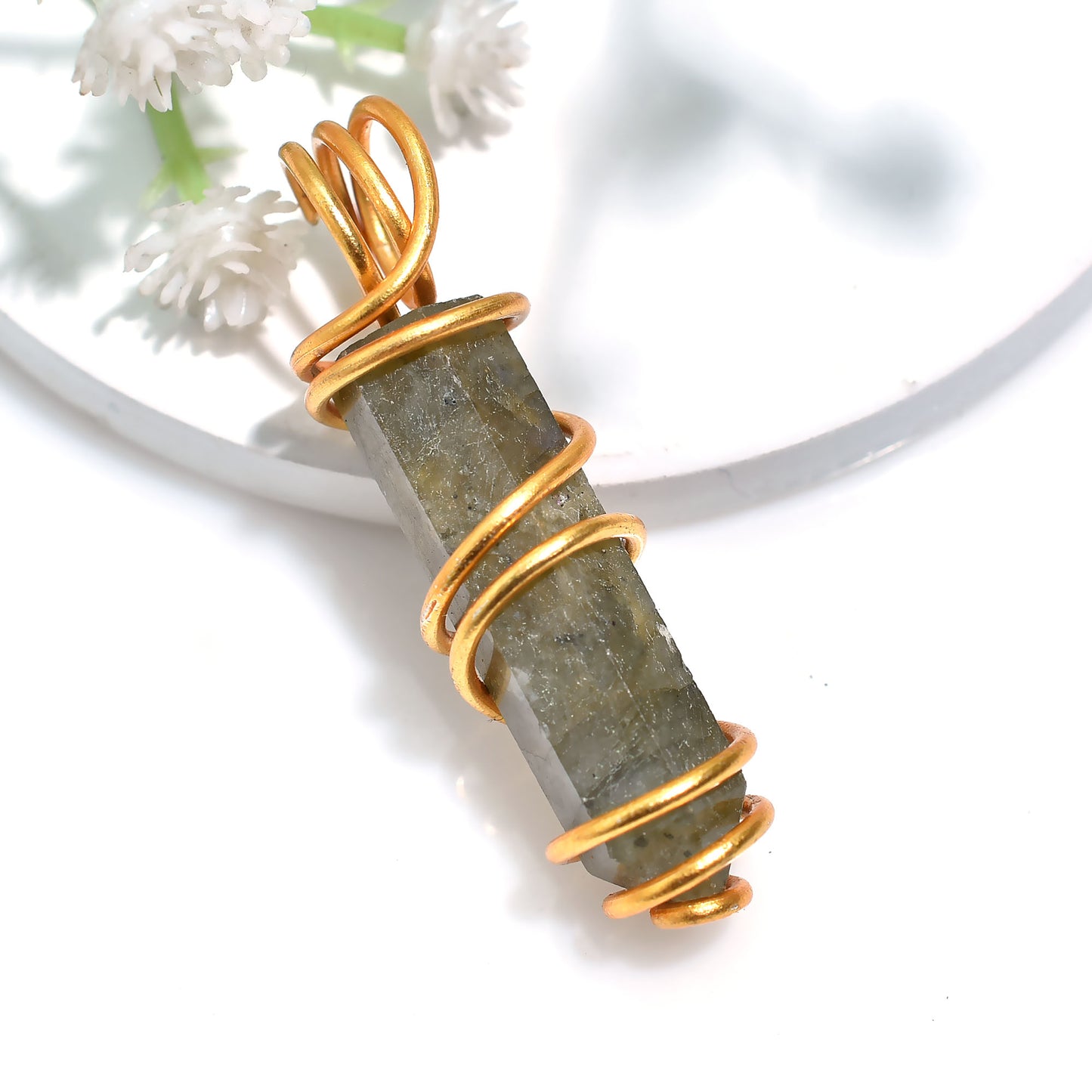 35ct Labradorite Healing Crystal Pendant – Handmade Golden Wire Wrapped Gemstone Jewelry
