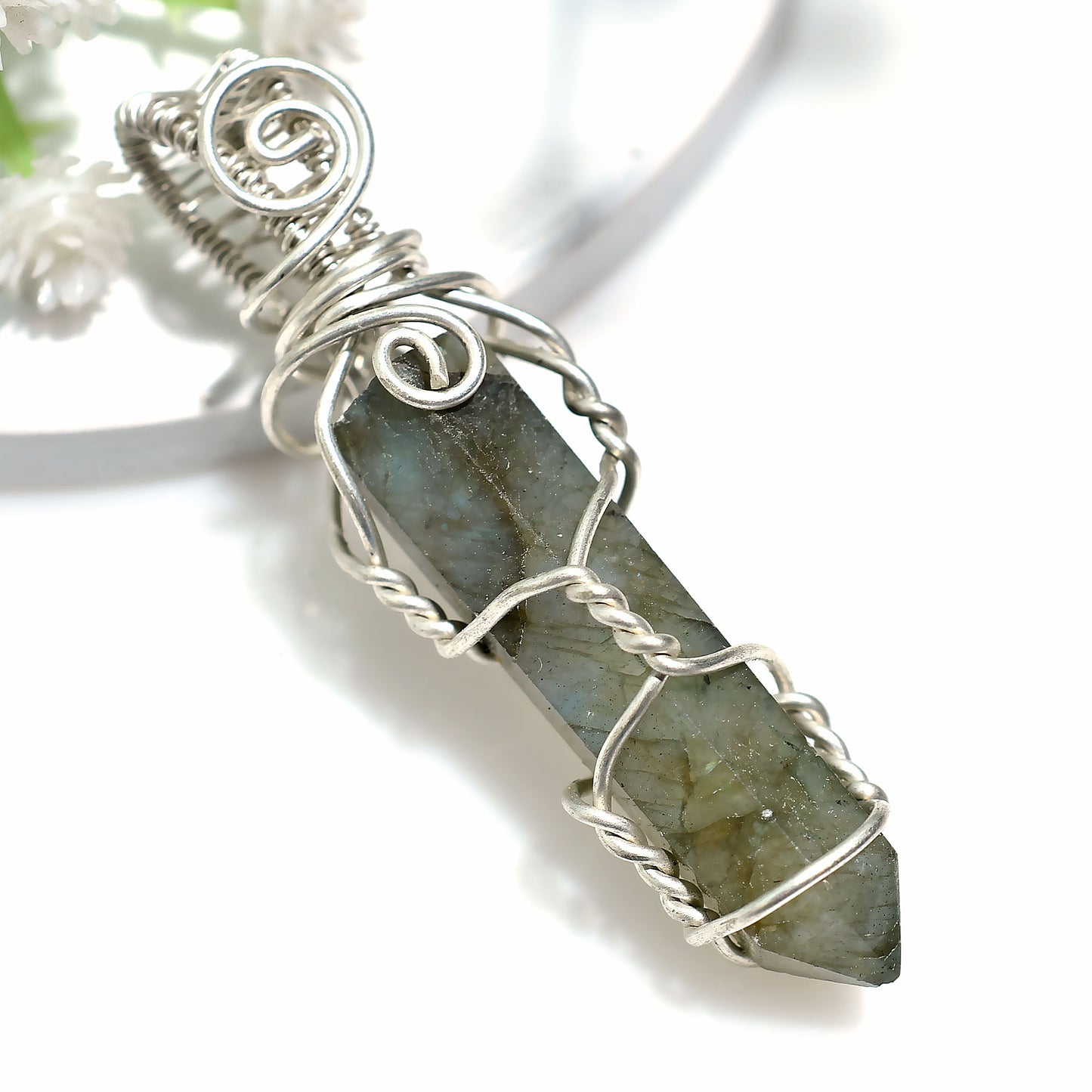 Mystical Labradorite Flashy Stone Necklace – Natural Silver Wire Wrapped Crystal Pendant 41ct