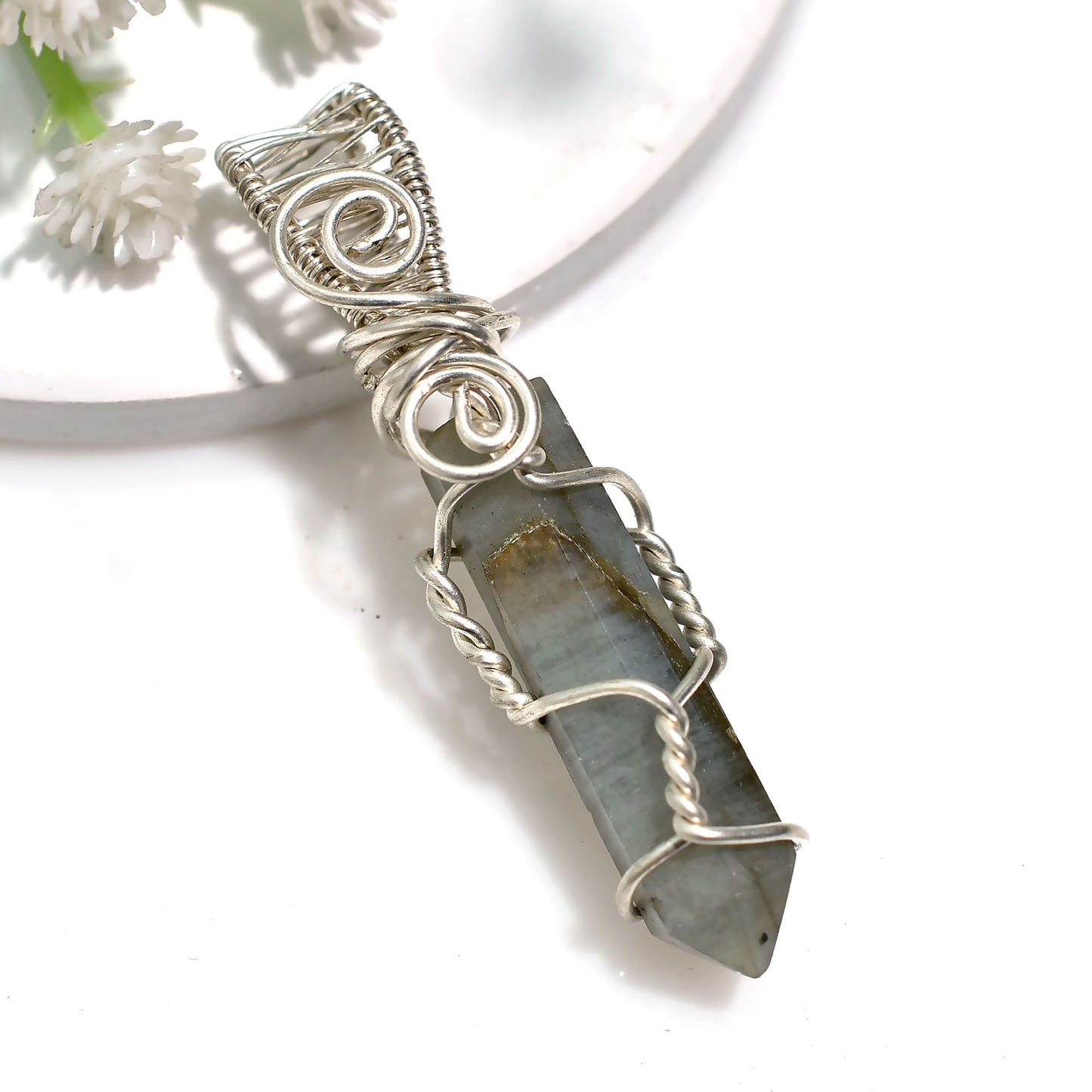 Silver Wrapped Labradorite Pendant – Handmade Wholesale Stone Jewelry