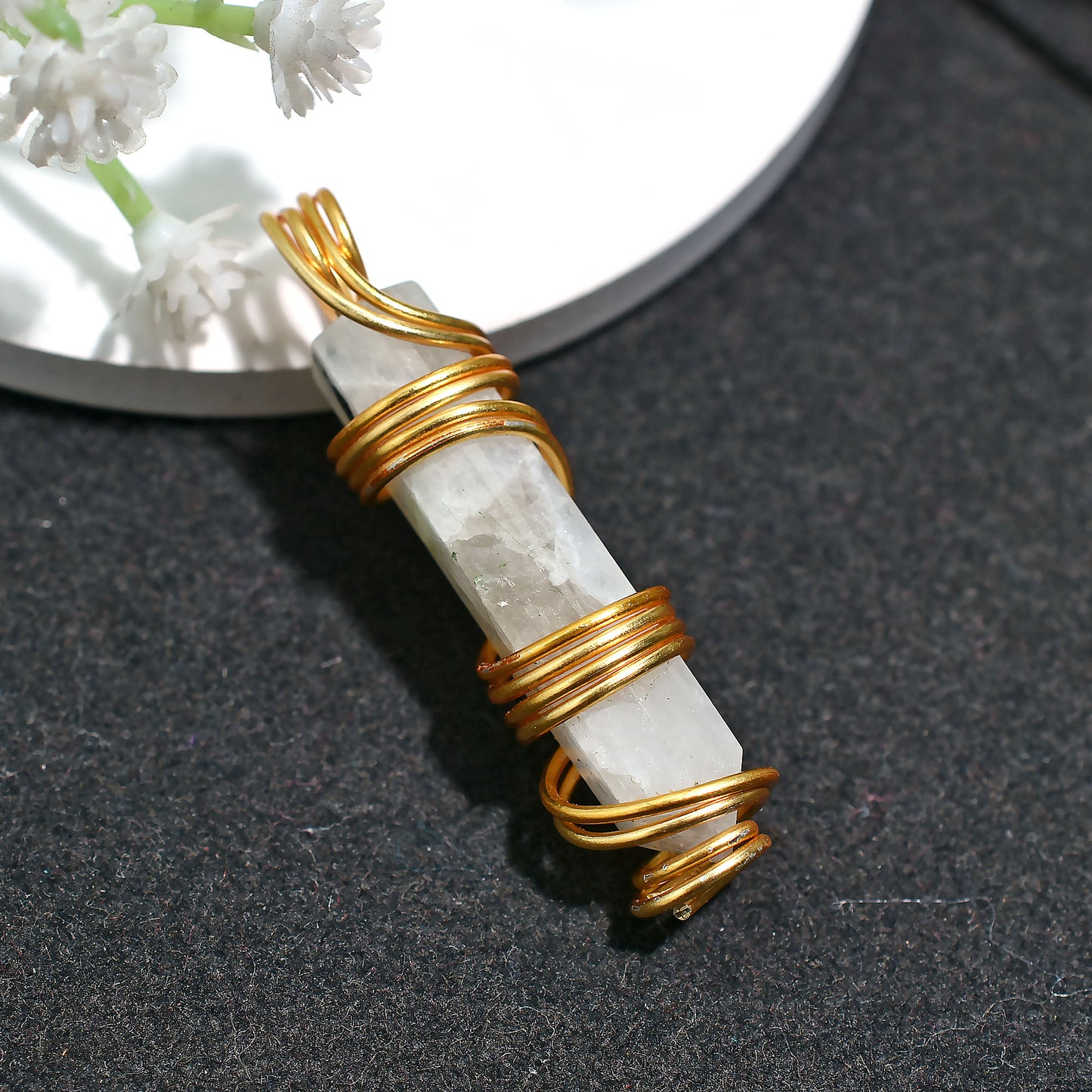 Golden Wire Wrapped Rainbow Moonstone Pencil Pendant – Wholesale Healing Crystal Jewelry