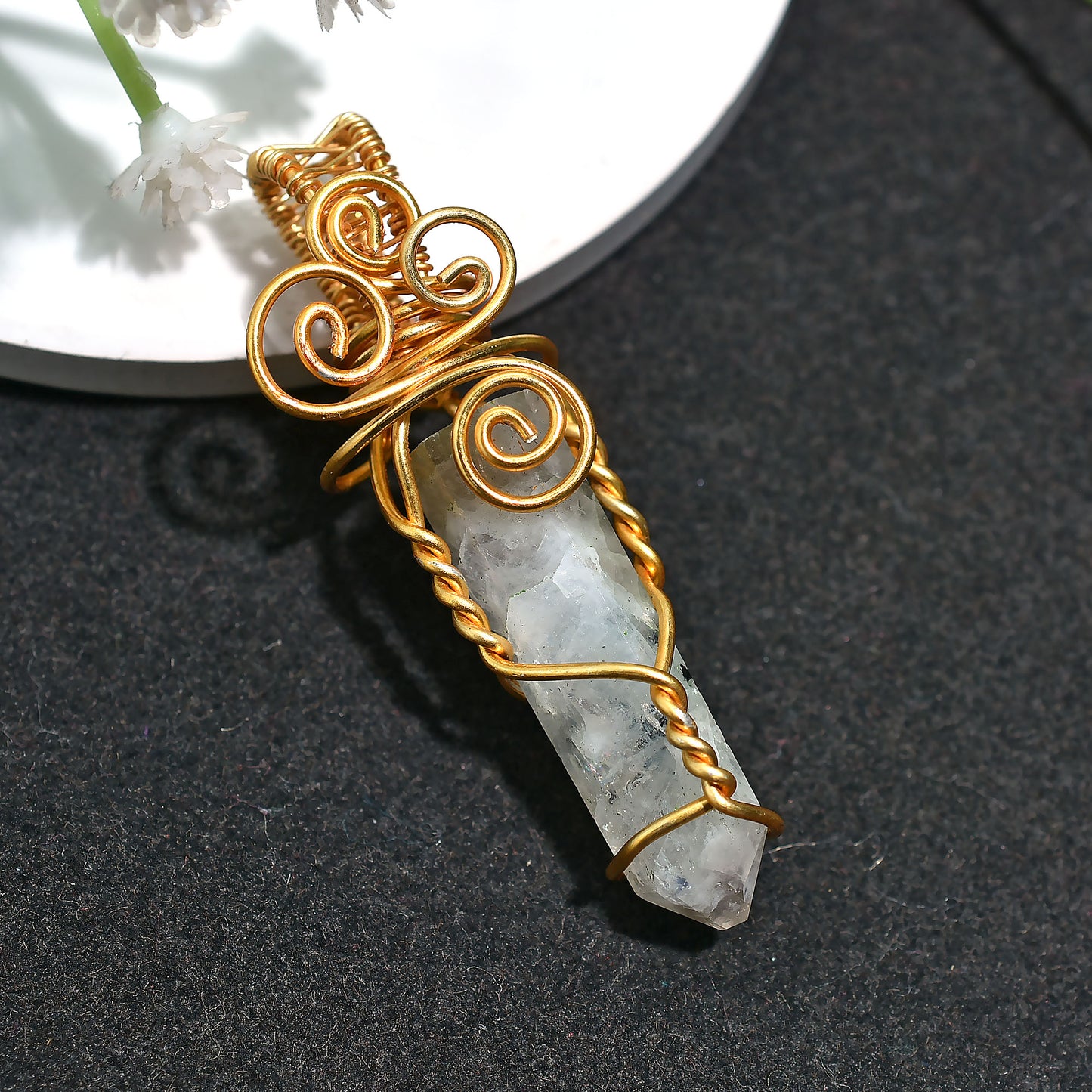 Wholesale Rainbow Moonstone Point Pendant – Handmade Golden Wire Wrap Crystal Necklace