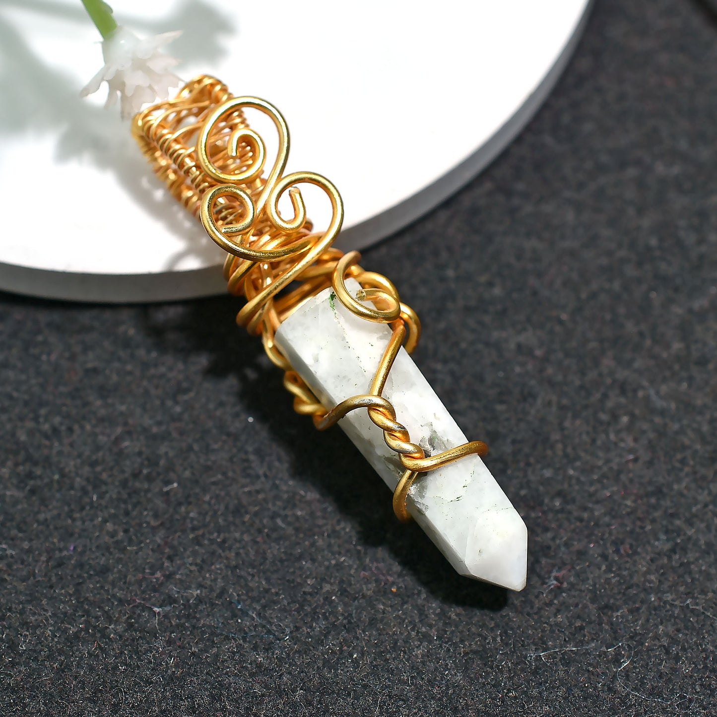 Mystical Rainbow Moonstone Pendant – Wholesale Wire Wrapped Crystal Point Necklace