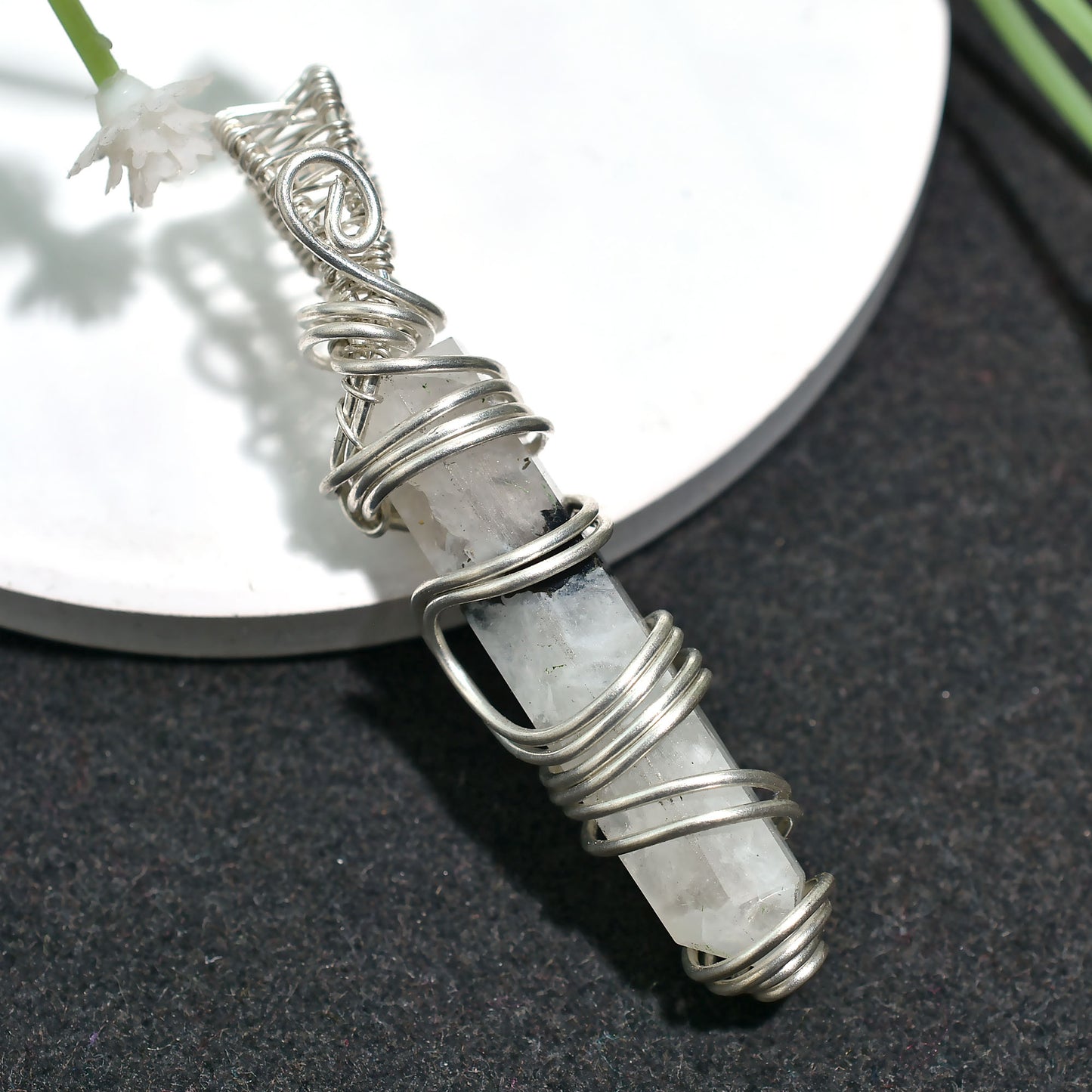 Amazing Silver Wire Wrapped Rainbow Moonstone Point Pendant – Wholesale Chakra Balancing Stone