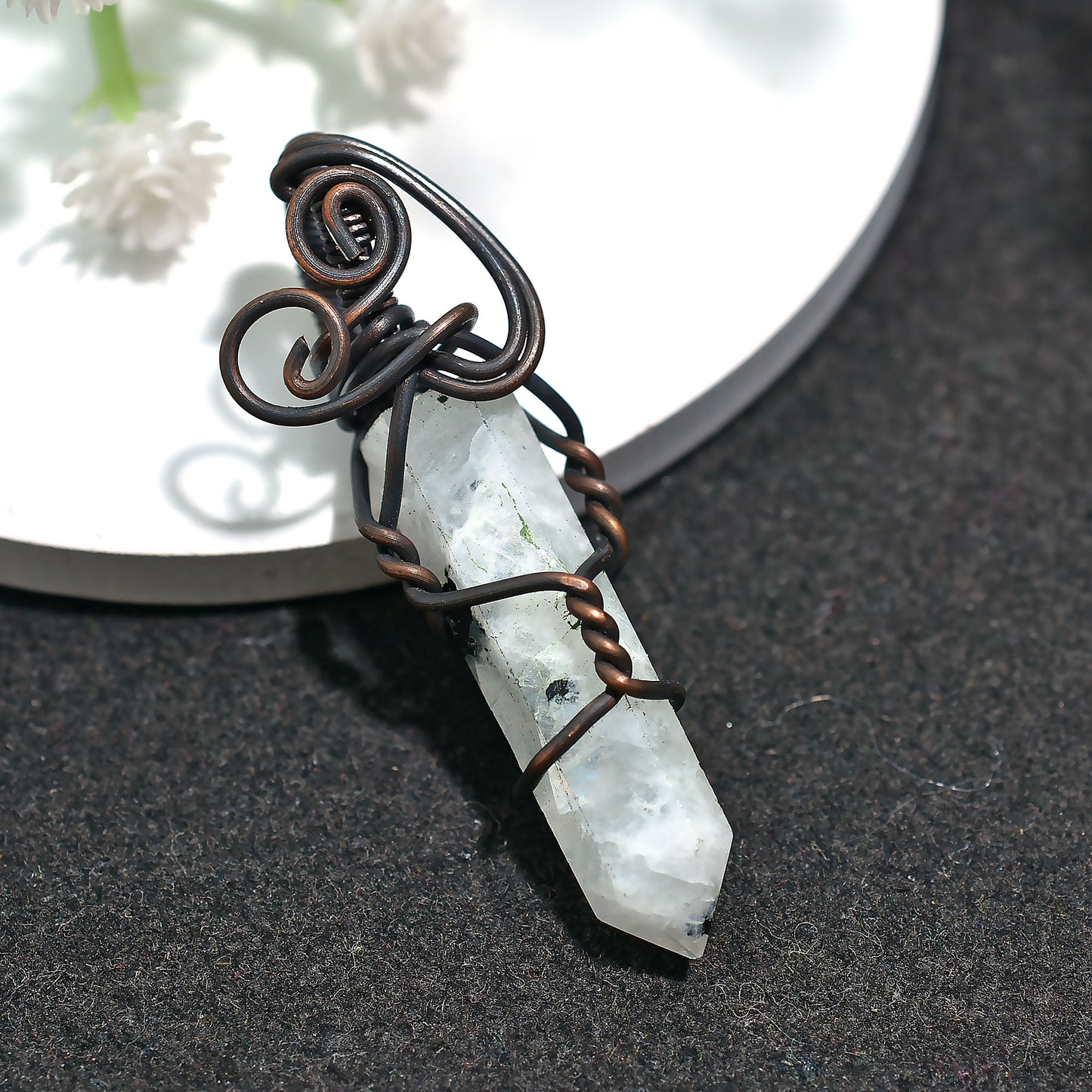 Spiritual Healing Moonstone Pendant - Wire Wrapped Copper Necklace