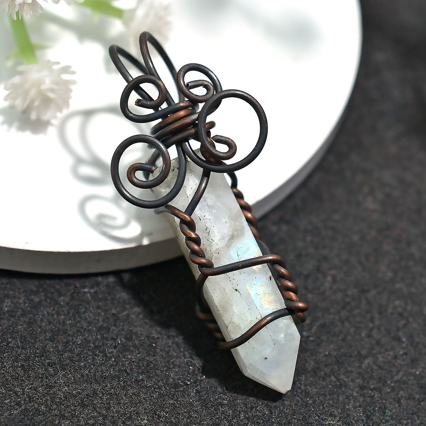 Spiritual Healing Moonstone Pendant - Wire Wrapped Copper Necklace