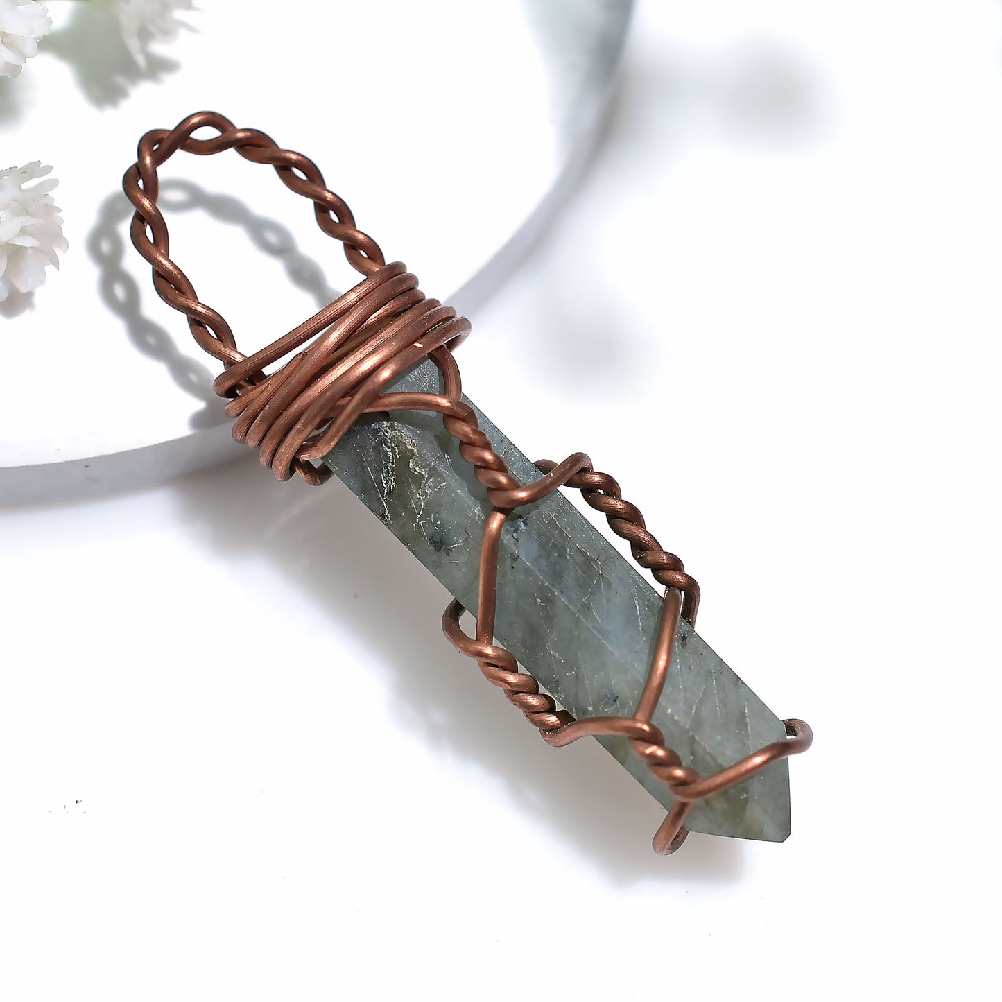 Aurora Borealis Labradorite Pendant - Copper Wire Wrapped Healing Stone 36ct