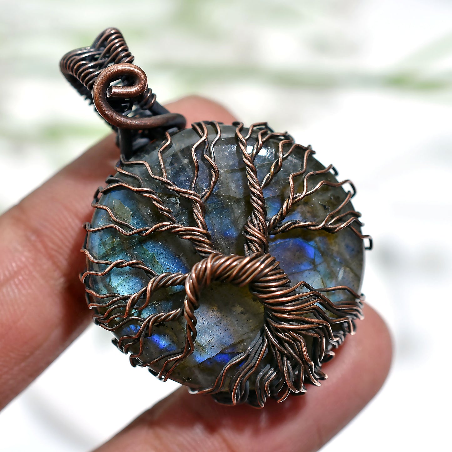 Oxidised Copper Wire Wrapped Labradorite Pendant – Handmade Wholesale Gemstone Necklace(28x73x13mm,/97ct)