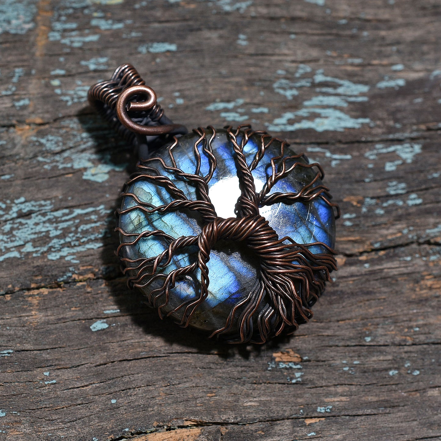 Oxidised Copper Wire Wrapped Labradorite Pendant – Handmade Wholesale Gemstone Necklace(28x73x13mm,/97ct)