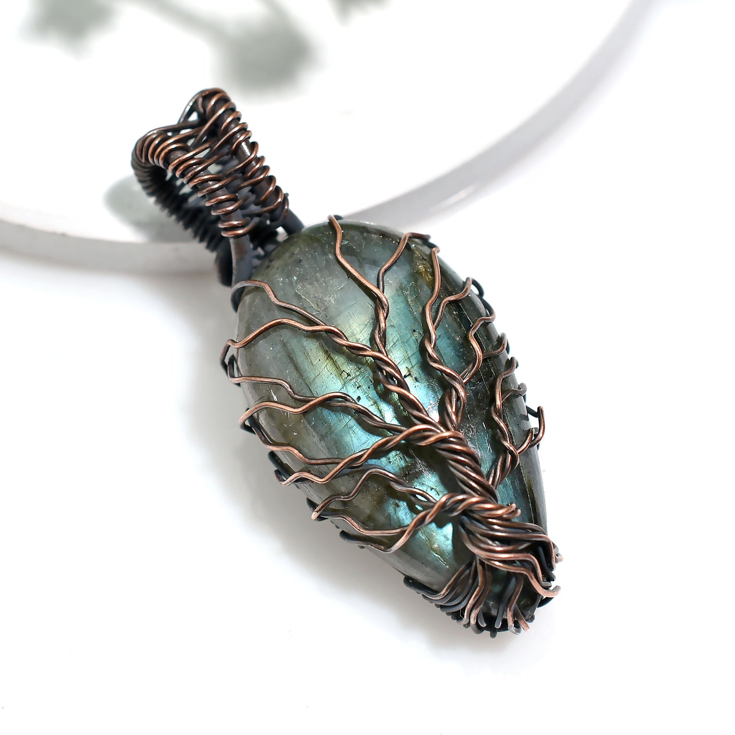 Mystic Labradorite Pendant – Vintage Copper Wrapped Healing Wholesale Gemstone (17x45x10mm,/52ct)