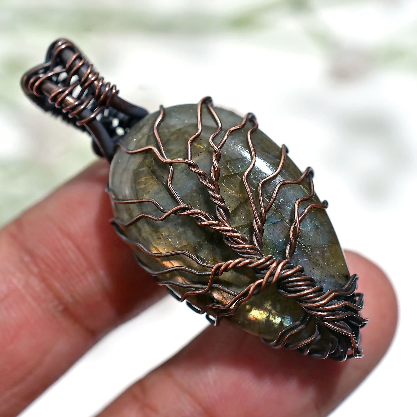 Protective Labradorite Stone Pendant – Wholesale Wire Wrapped Oxidized Copper Necklace