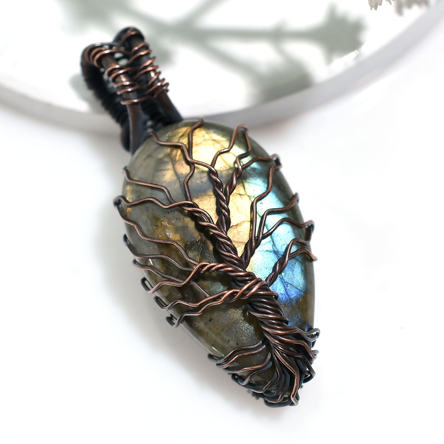 Protective Labradorite Stone Pendant – Wholesale Wire Wrapped Oxidized Copper Necklace