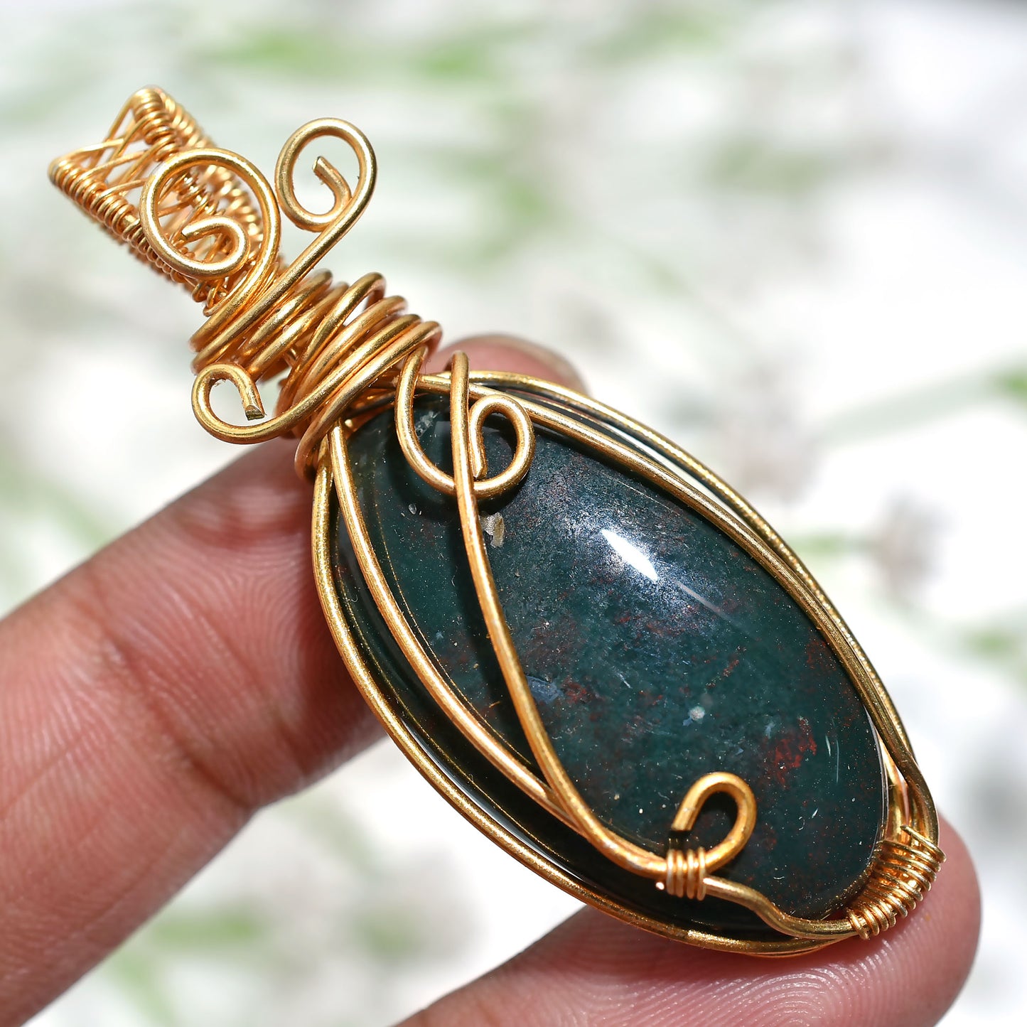 Stunning Green Bloodstone Pendant – Golden Wire Wrapped Healing Wholesale Gemstone Jewelry