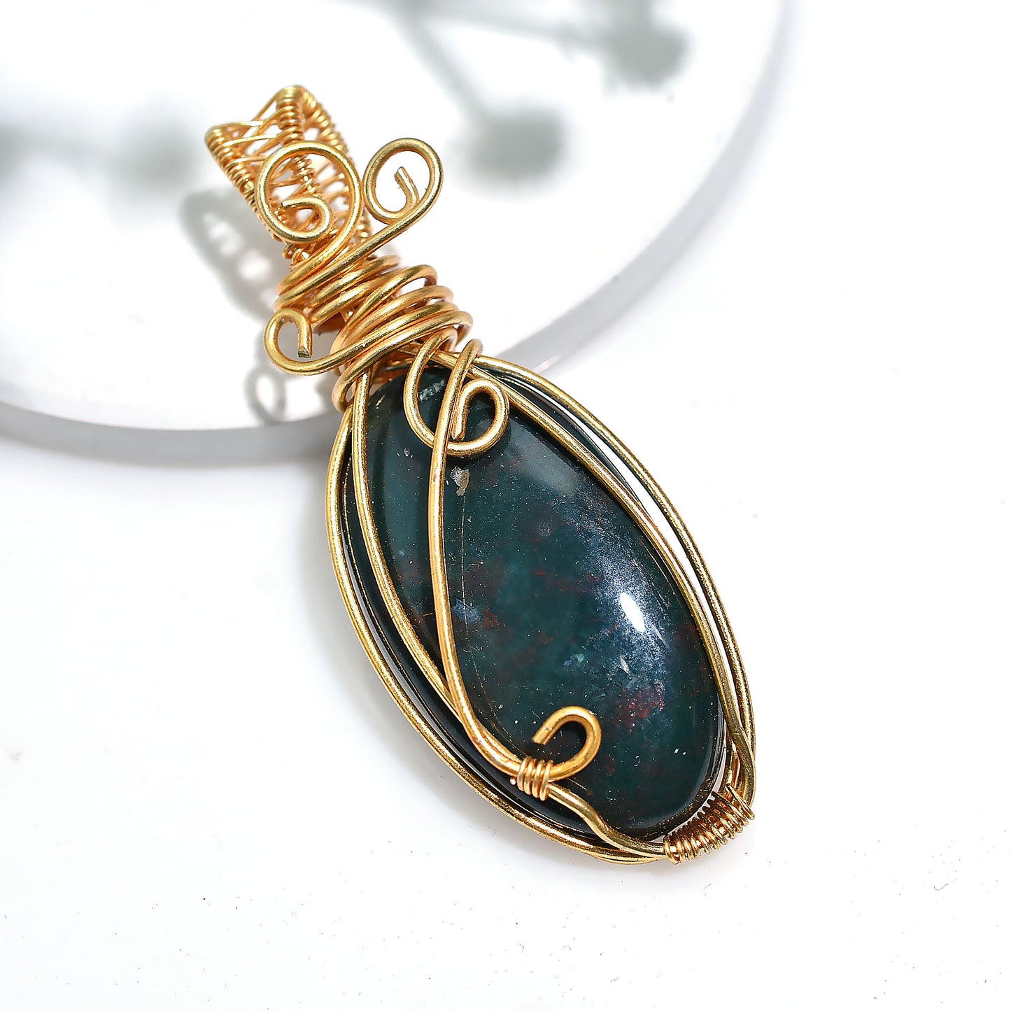 Stunning Green Bloodstone Pendant – Golden Wire Wrapped Healing Wholesale Gemstone Jewelry