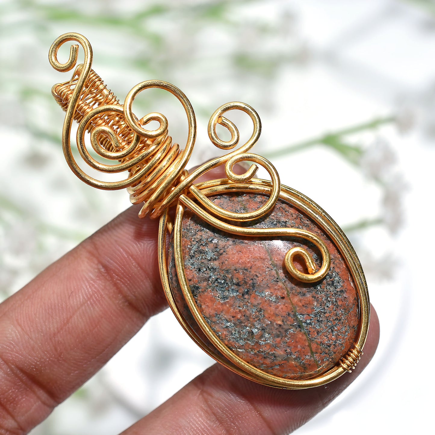 Natural Unakite Gemstone Pendant – Golden Wire Wrapped Healing Wholesale Jewelry