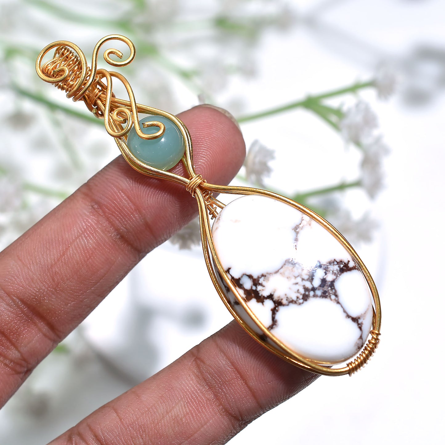 Handmade Wild Horse & Amazonite Gemstone Jwelery – Gold Wire Wrapped Wholesale Pendant
